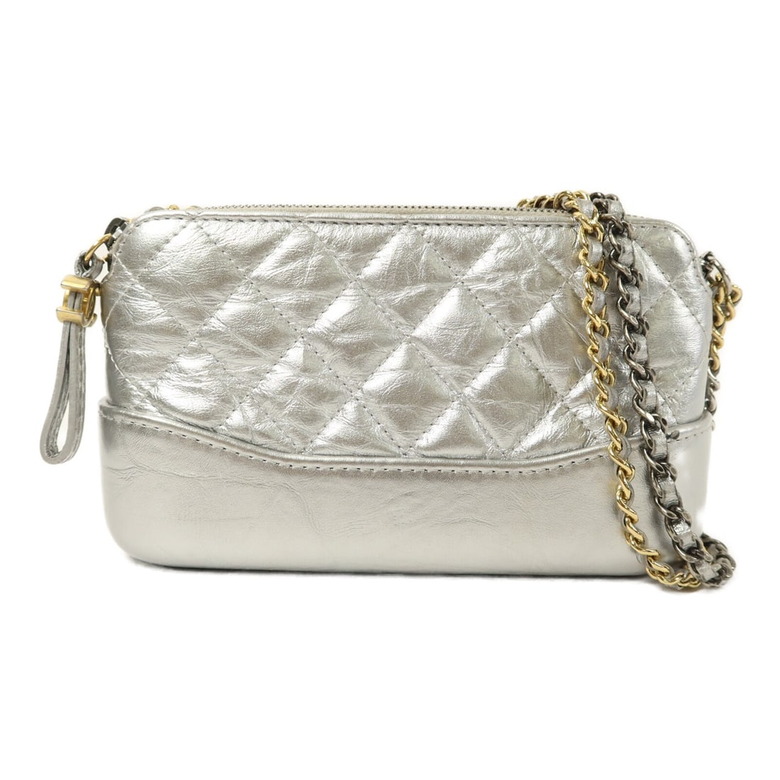 CHANEL Gabrielle Wallet On Chain Silver Calfskin Shoulder Bag A94505: CHANEL Gabrielle Wallet On Chain Silver Calfskin Shoulder Bag A94505 This CHANEL Gabrielle Wallet On Chain is crafted from calfskin leather in a striking silver color. Designed as a shoulder bag, it f