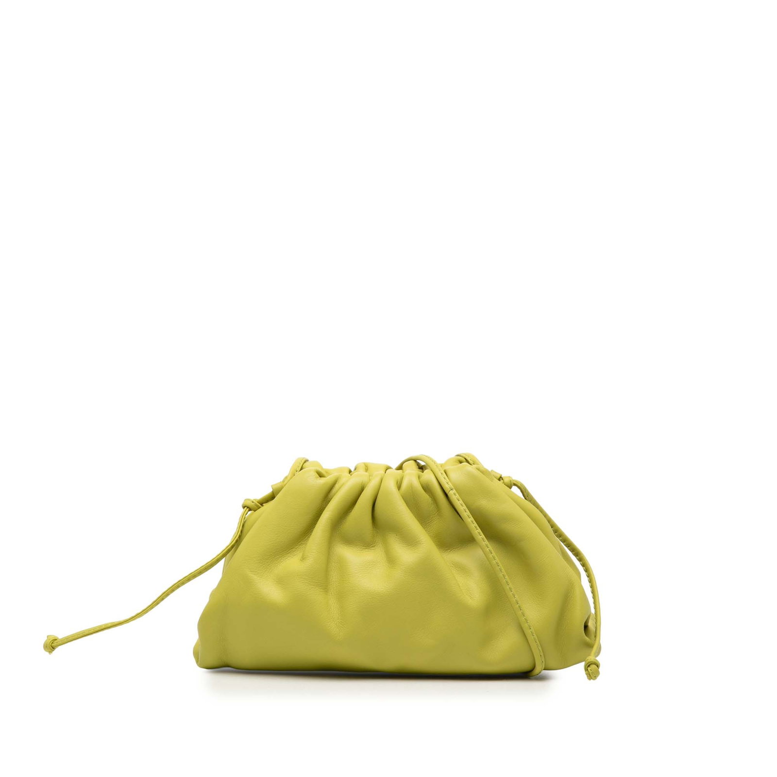 Green Leather Mini Pouch Crossbody Bag by Bottega Veneta: Green Leather Mini Pouch Crossbody Bag by Bottega Veneta This Bottega Veneta The Mini Pouch Crossbody features a green lambskin leather body with a flat leather strap and a magnetic closure. The bag i