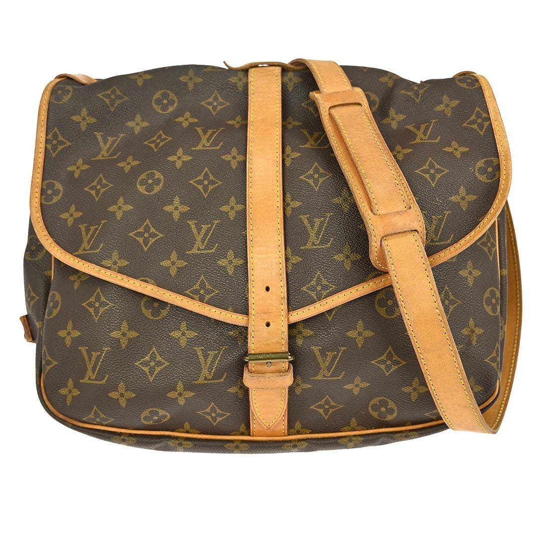 Louis Vuitton Saumur 35 Monogram Canvas Crossbody Bag: Louis Vuitton Saumur 35 Monogram Canvas Crossbody Bag This vintage Louis Vuitton Saumur 35 shoulder bag features the iconic monogram canvas leather exterior with brown leather crossbody strap and buck