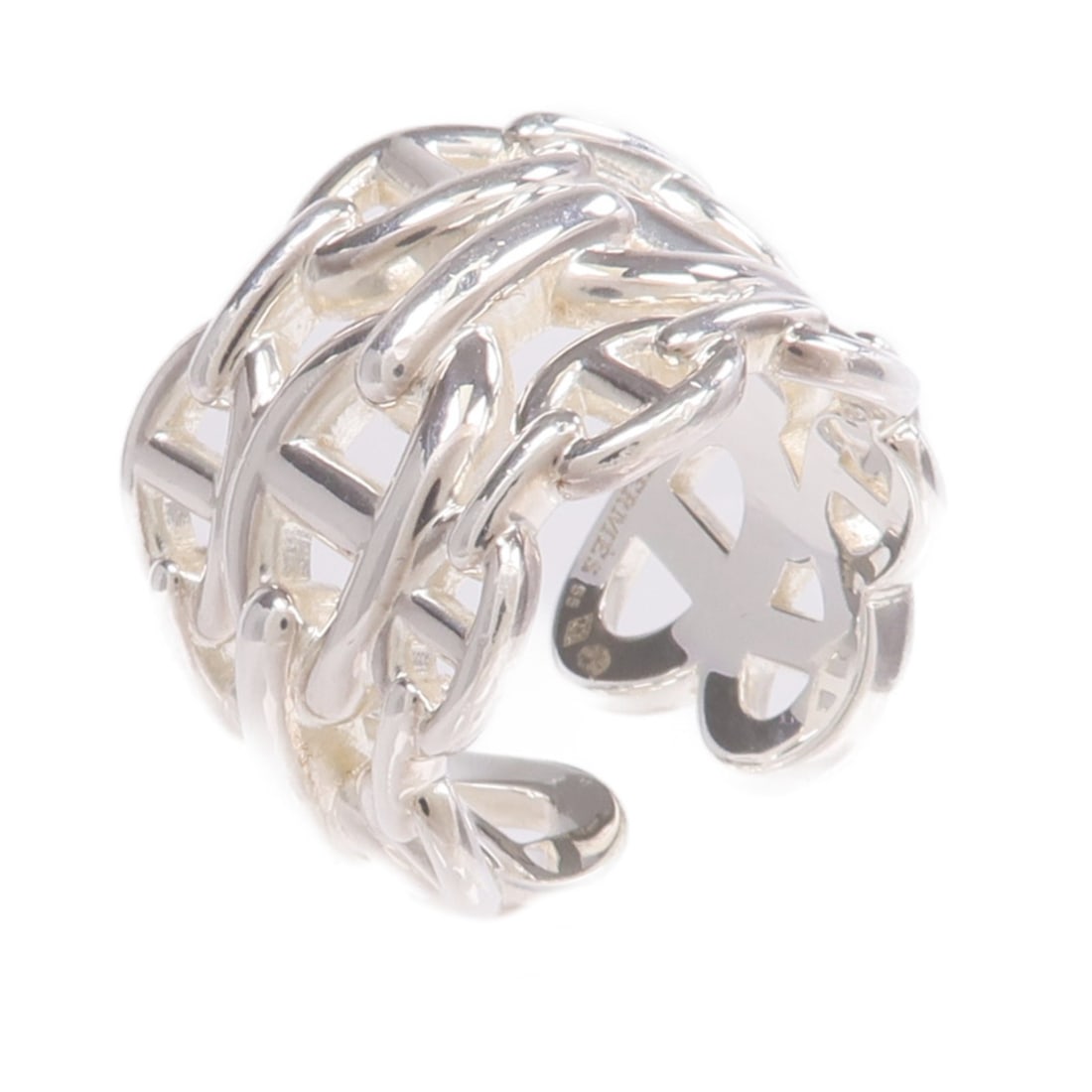 Hermes Chaine d'ancre silver ring size 7: Hermes Chaine d'ancre silver ring size 7 This HERMES Chaine d'ancre Enchainee ring is crafted from 925 sterling silver and features a sleek, unisex design. Made in France, the ring is presented in a s