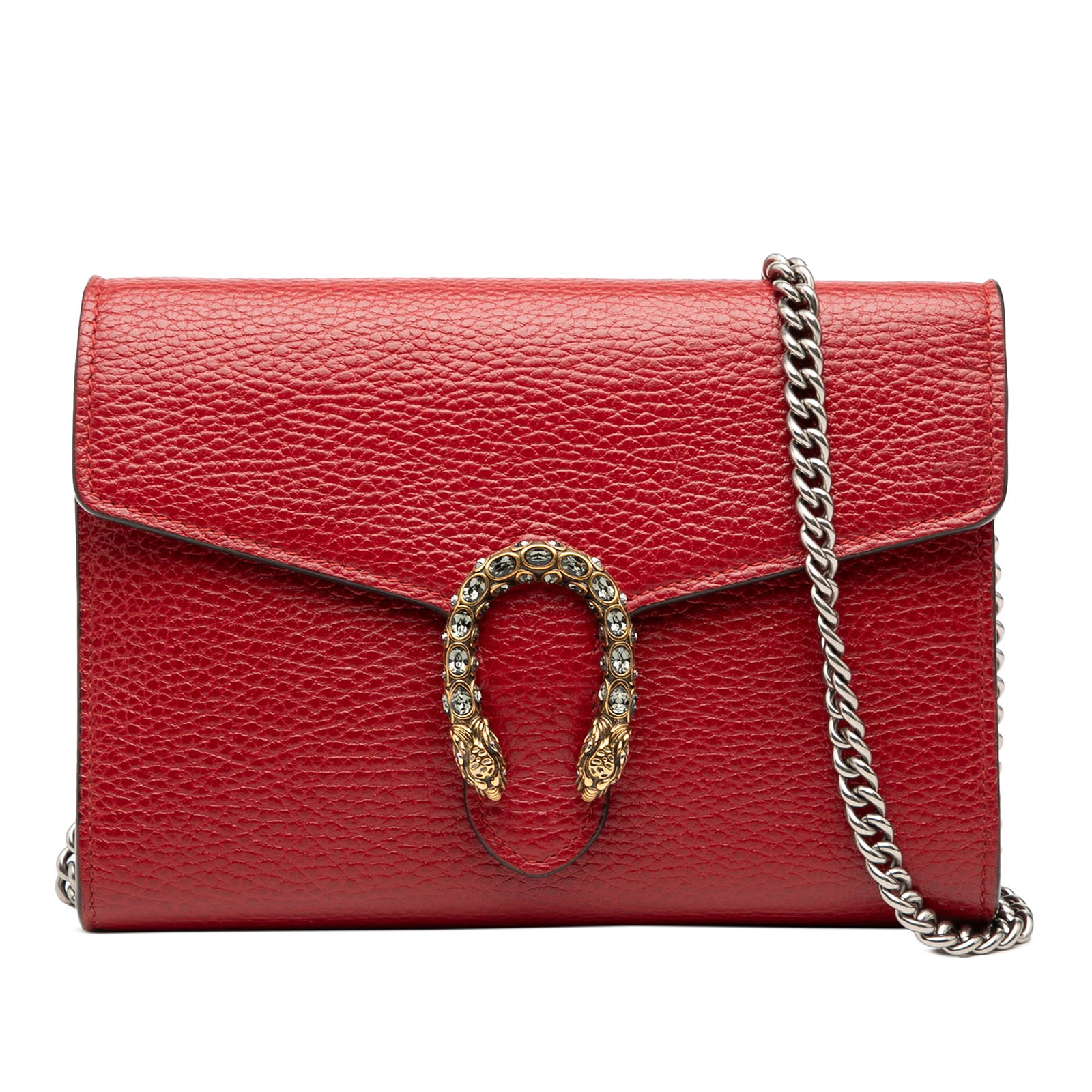 Red Leather Dionysus Wallet on Chain by Gucci with Chain Strap: Red Leather Dionysus Wallet on Chain by Gucci with Chain Strap This Gucci Leather Dionysus Wallet on Chain features a red leather body with a chain link shoulder strap, a flap with magnetic snap closu
