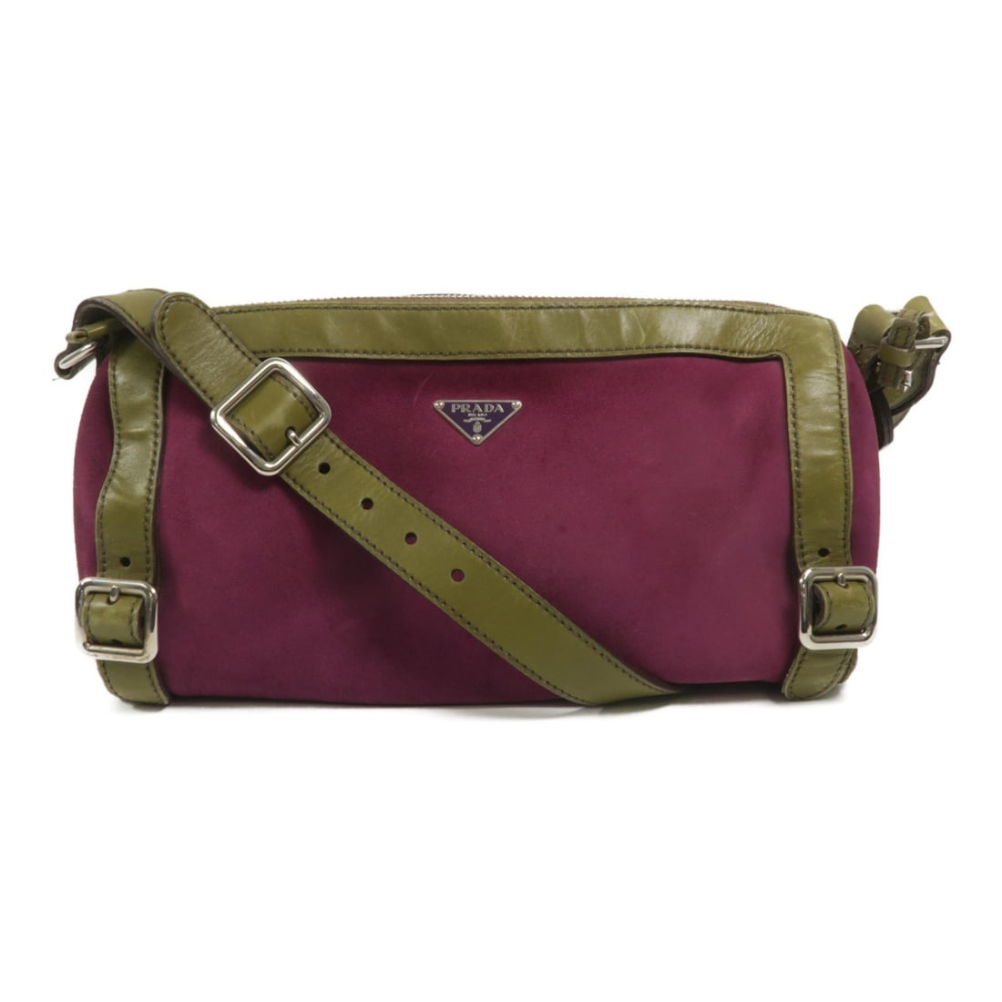 Prada BR2995 Calfskin Suede Shoulder Bag Green: Prada BR2995 Calfskin Suede Shoulder Bag Green This Prada shoulder bag features a combination of calfskin and suede leather in a striking purple and green color palette. Designed for women, the bag of