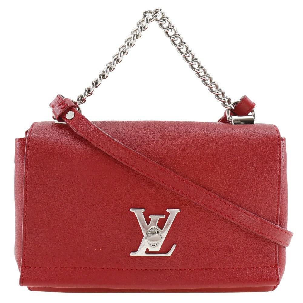 Red Leather Louis Vuitton Lockme II Small Women's Handbag 22cm: Red Leather Louis Vuitton Lockme II Small Women's Handbag 22cm This Louis Vuitton Lockme II handbag for women features a red leather exterior with minor signs of use including fine scratches, minor st