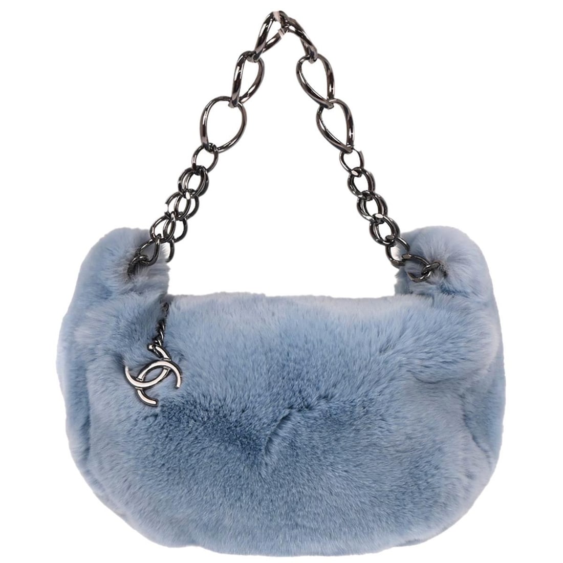 Chanel Small Blue Lapin Fur Top Handle Bag with Inner Pockets: Chanel Small Blue Lapin Fur Top Handle Bag with Inner Pockets This Chanel handbag features a blue lapin fur exterior with a top handle design, making it suitable for casual occasions. The small-sized 