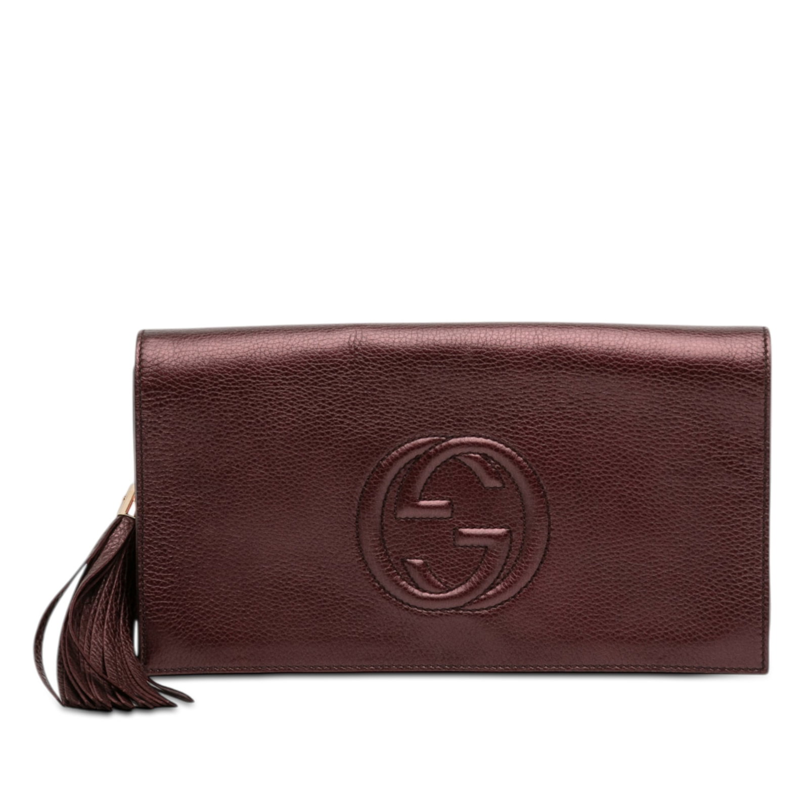 Gucci Soho Disco Red Metallic Leather Clutch with Tassel Accent: Gucci Soho Disco Red Metallic Leather Clutch with Tassel Accent This Gucci Metallic Leather Soho Disco Clutch features a metallic leather exterior in red with a tassel detail, a front flap secured by 