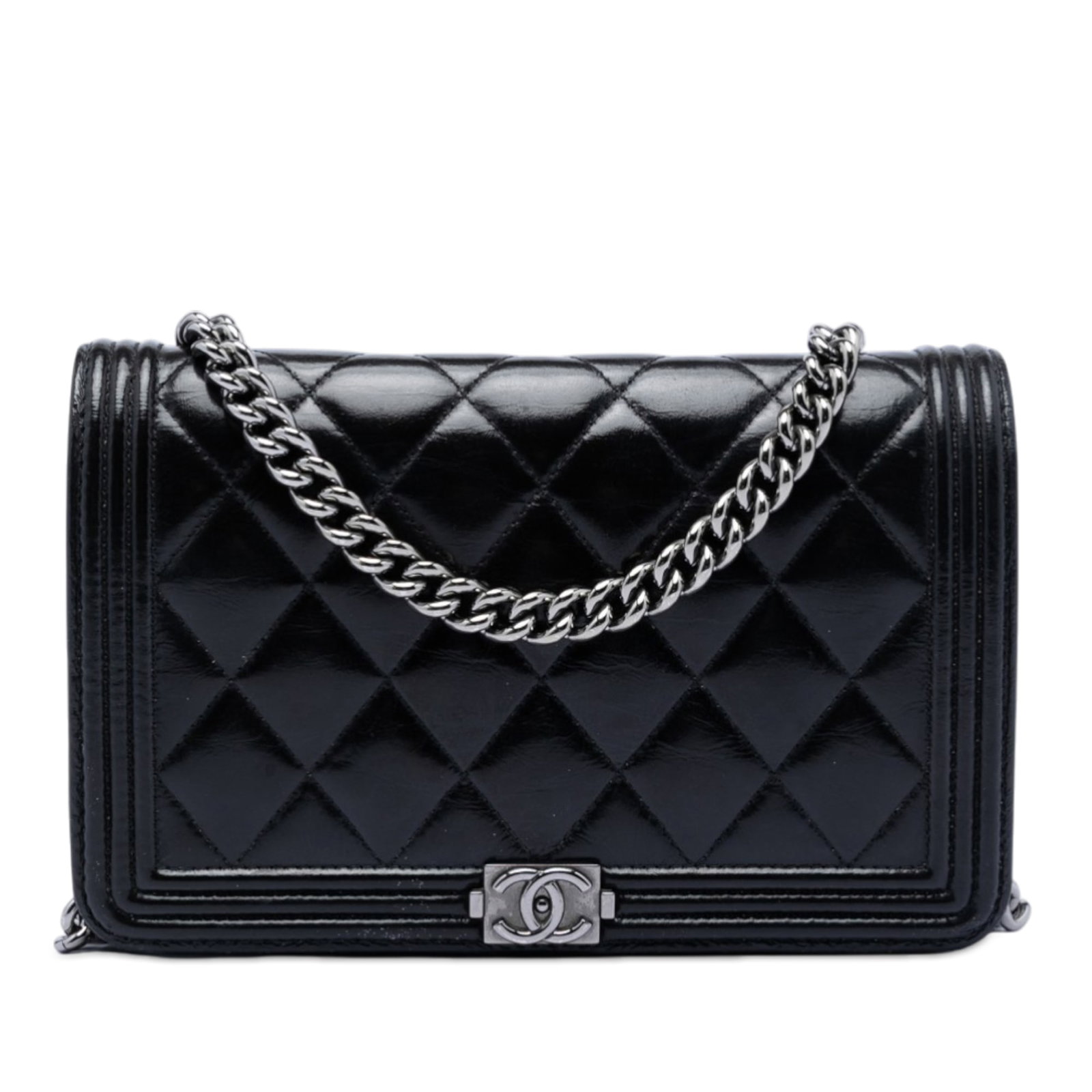 Black Chanel Boy Chain Wallet Quilted Shiny Aged Calfskin Leather: Black Chanel Boy Chain Wallet Quilted Shiny Aged Calfskin Leather This Chanel Boy Wallet On Chain features a quilted shiny aged calfskin leather body in black, complemented by a silver-tone chain link