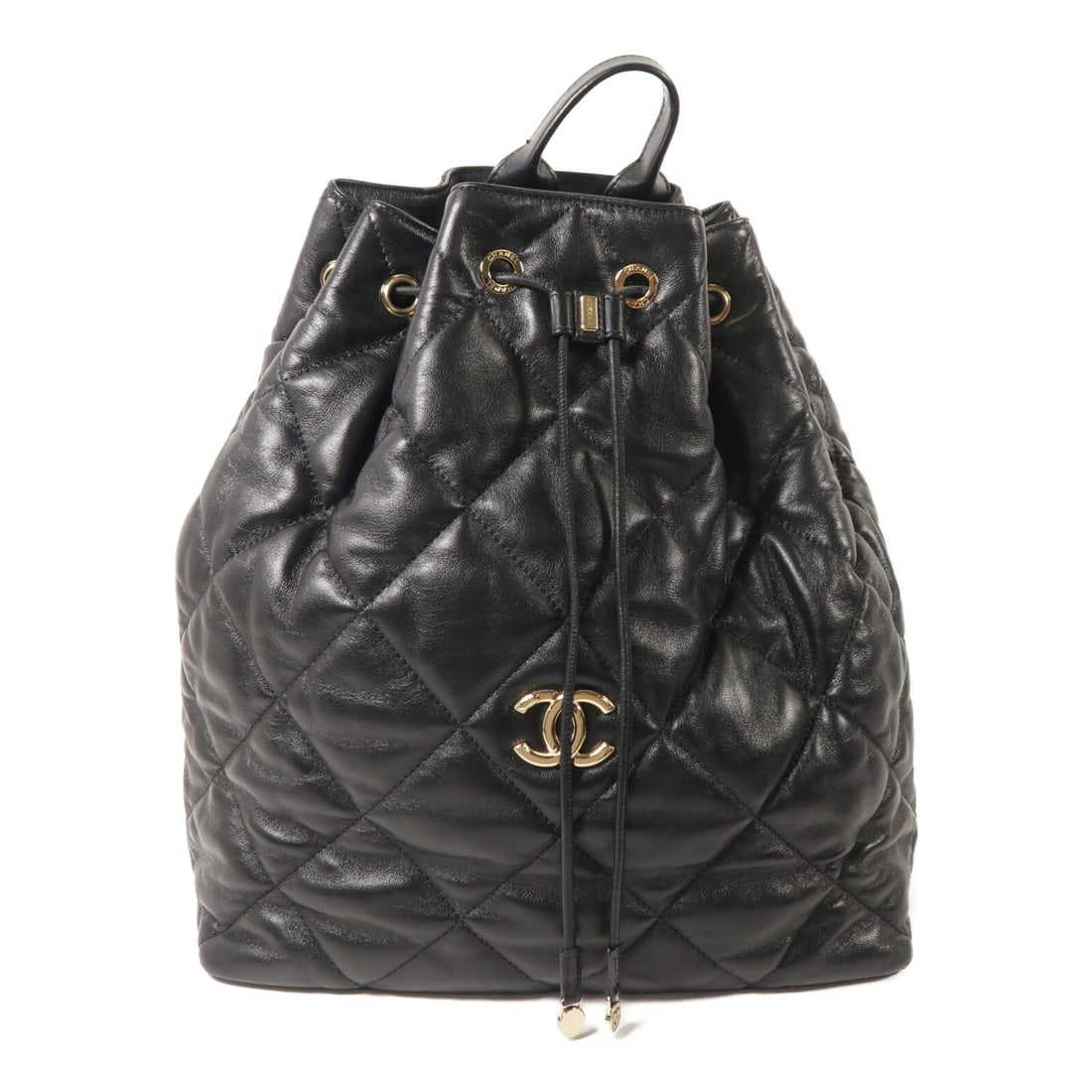 Chanel Black Calfskin CC Backpack with Gold Hardware: Chanel Black Calfskin CC Backpack with Gold Hardware This CHANEL CC rucksack backpack is crafted from black calfskin leather, featuring a classic design. Made in France, it is designed for women and o