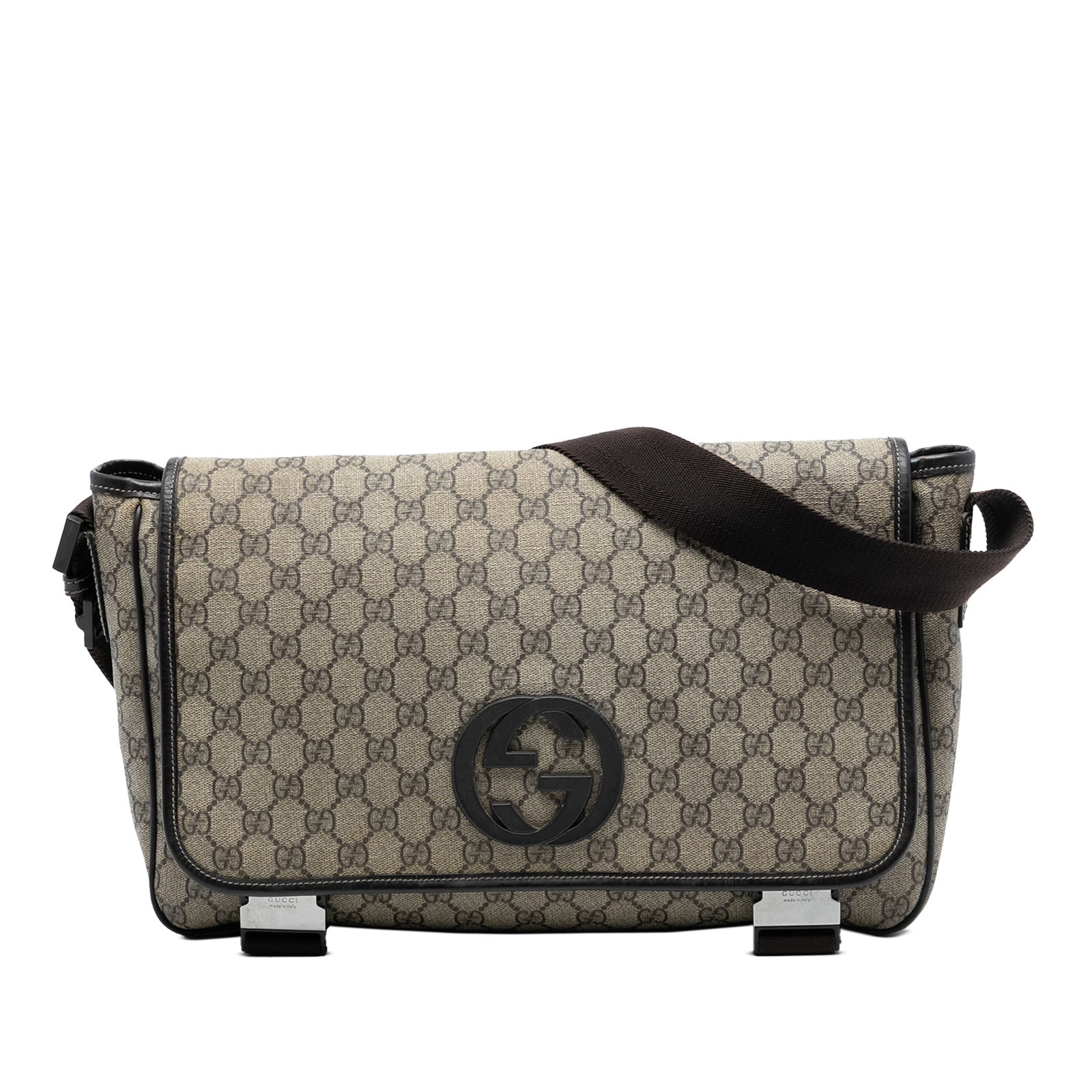 GG Supreme Interlocking G Beige Canvas Crossbody Bag by Gucci: GG Supreme Interlocking G Beige Canvas Crossbody Bag by Gucci This Gucci GG Supreme Interlocking G Crossbody bag features a coated canvas body with leather trim, an adjustable flat canvas strap, a top