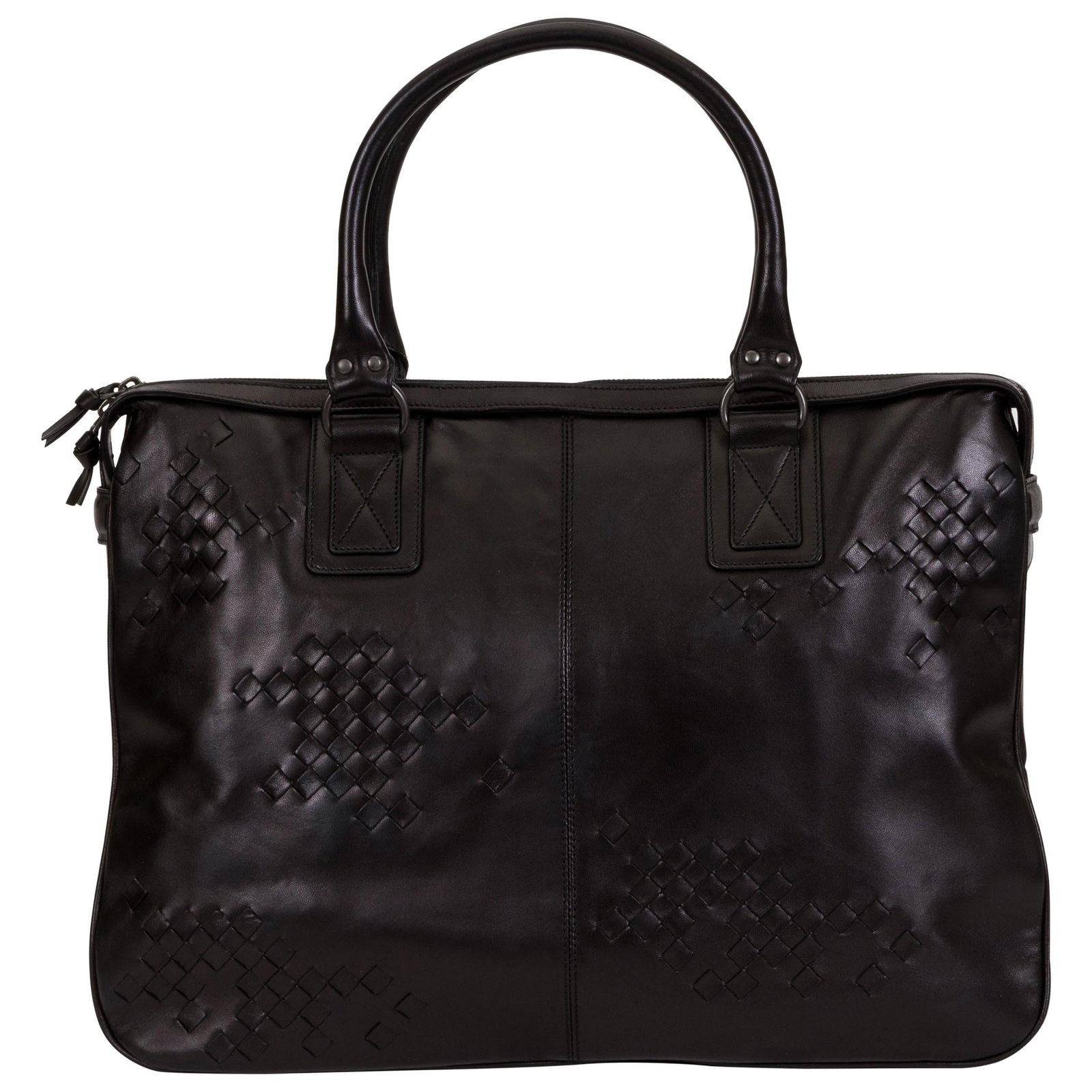 Bottega Veneta Black Leather Handbag with Suede Interior: Bottega Veneta Black Leather Handbag with Suede Interior This Bottega Veneta black leather handbag is a stunning blend of smooth and intrecciato textures, showcasing the brand's signature craftsmanshi