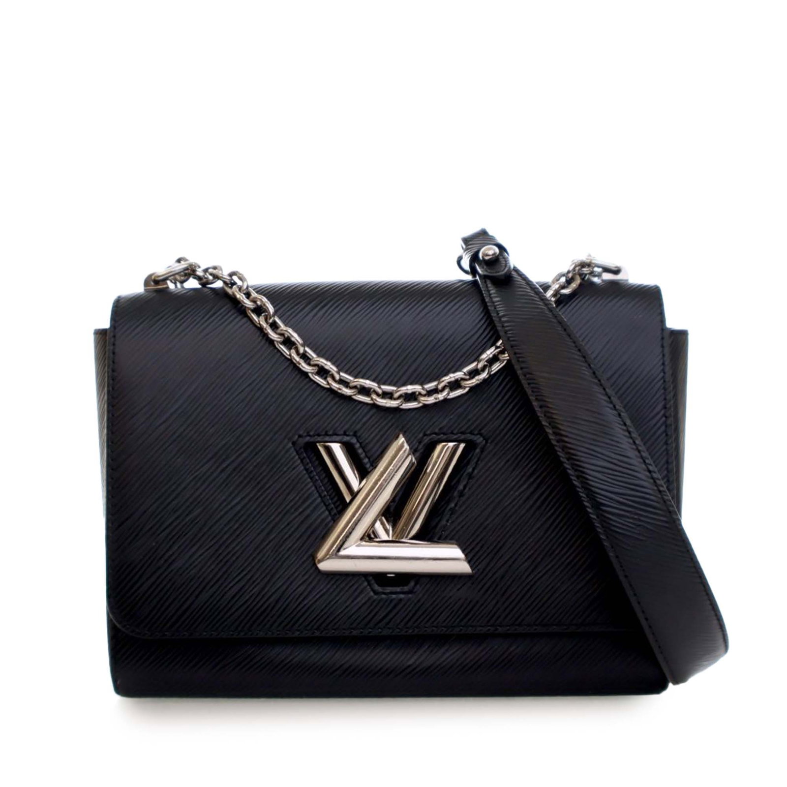 Louis Vuitton Epi Leather Twist MM Black Shoulder Bag with Chain Strap: Louis Vuitton Epi Leather Twist MM Black Shoulder Bag with Chain Strap This Louis Vuitton Epi Twist MM bag features a distinctive epi leather exterior in black, complemented by a silver-tone curb chai