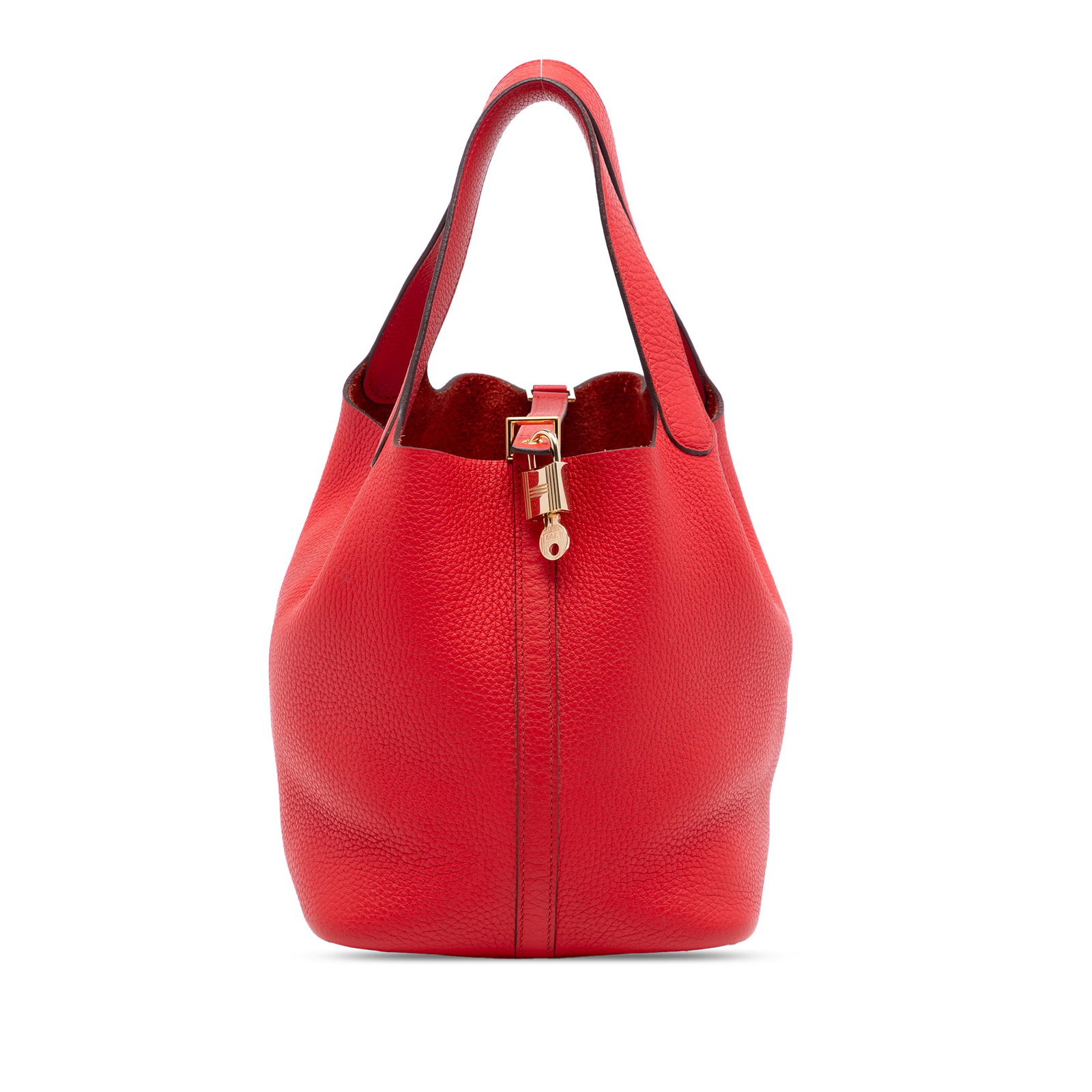 Hermes Picotin Lock 22 Clemence Leather Tote in Rouge Tomate Red: Hermes Picotin Lock 22 Clemence Leather Tote in Rouge Tomate Red The Hermes Clemence Picotin Lock 22 is crafted from Clemence leather in Rouge Tomate, featuring flat leather handles and an open top wi