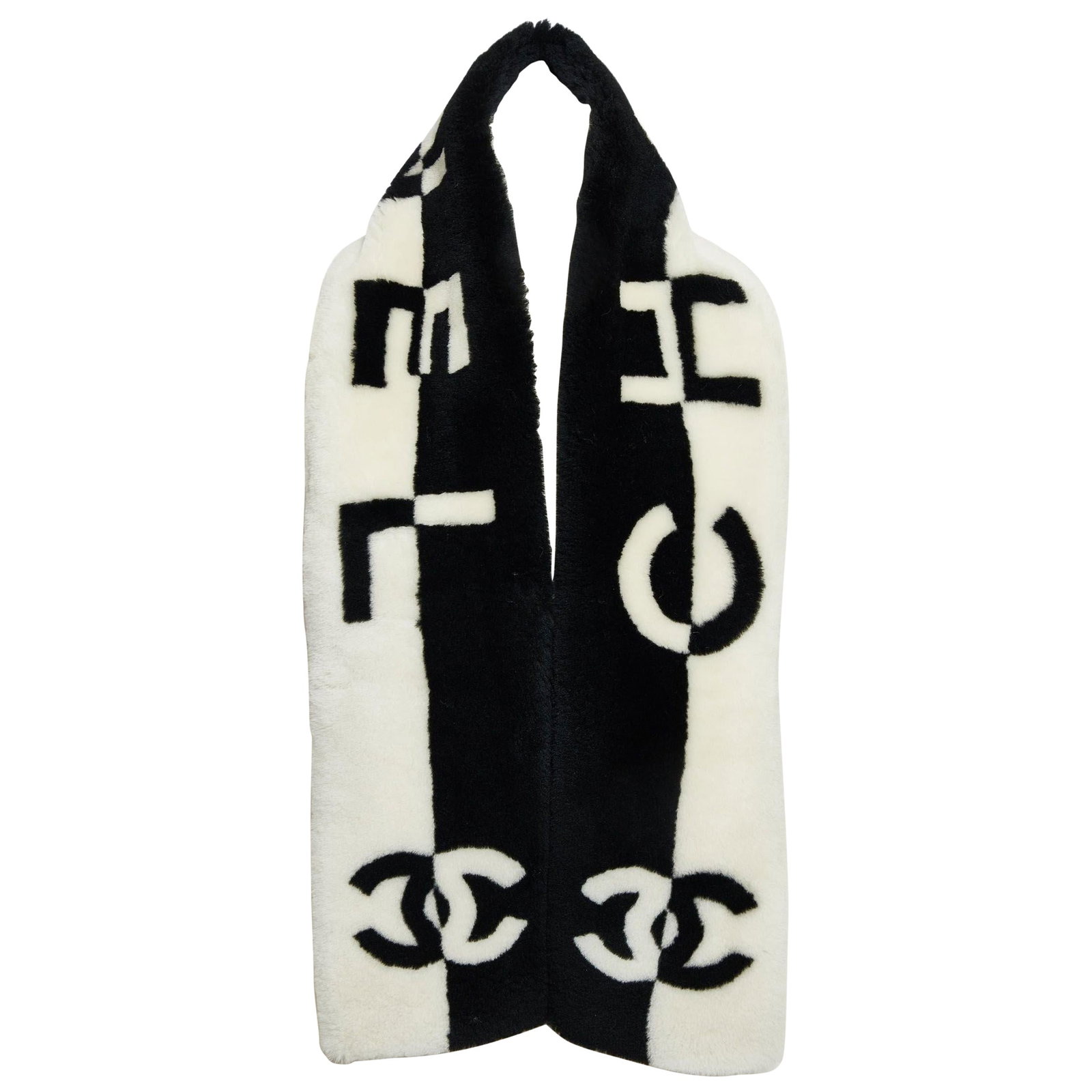 Chanel Black White Sheepskin Scarf with Cashmere Lining (1 of 4)