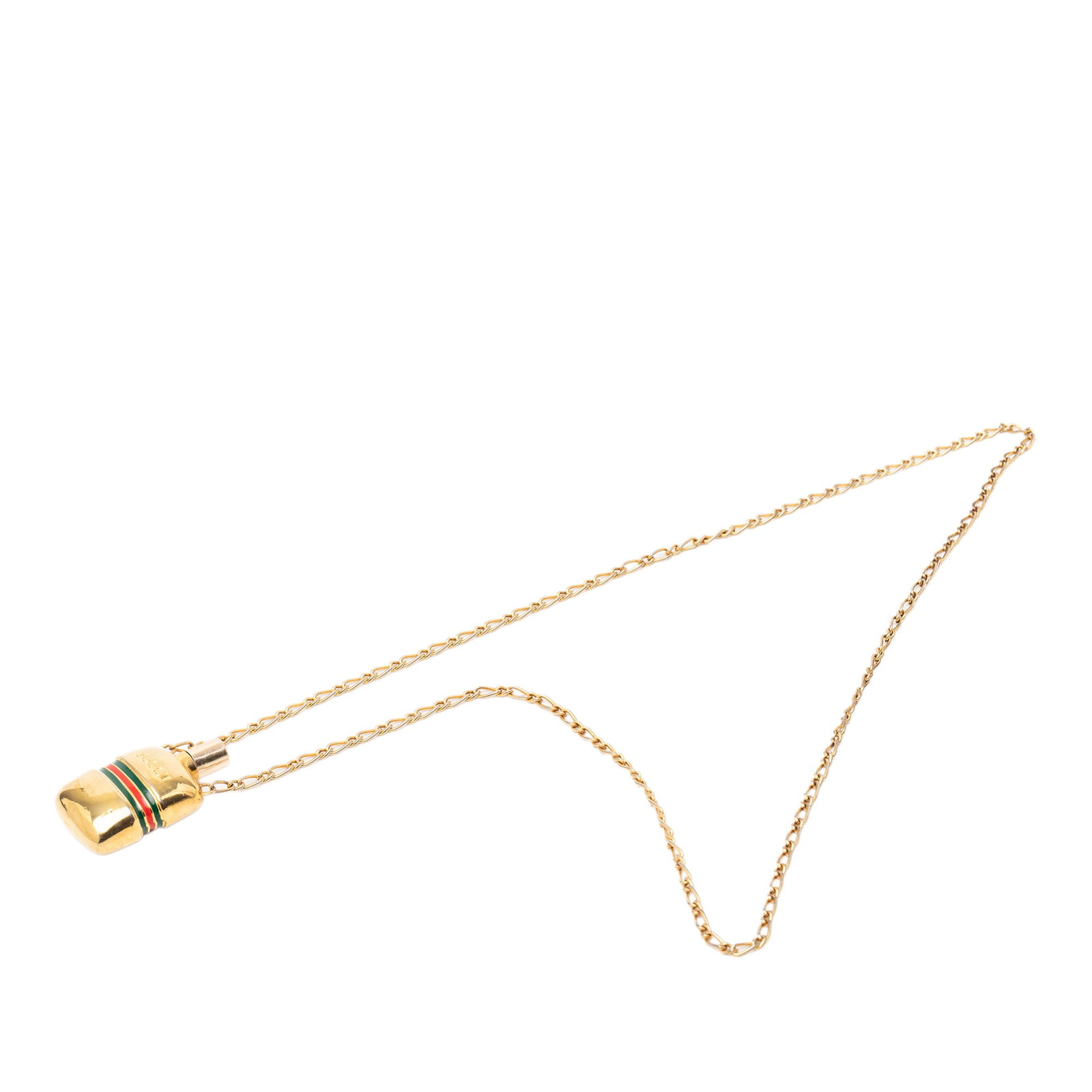 Gucci Gold Tone Metal Necklace with Perfume Bottle Pendant: Gucci Gold Tone Metal Necklace with Perfume Bottle Pendant This Gucci necklace features a gold-tone metal chain with a perfume bottle pendant. The piece is categorized as costume jewelry and displays 