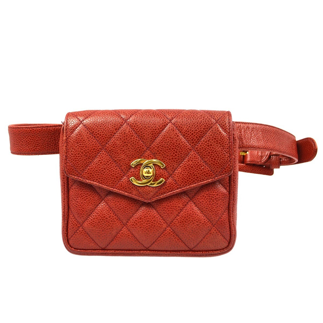 Chanel Red Caviar Skin Matelasse Bum Bag with Adjustable Strap: Chanel Red Caviar Skin Matelasse Bum Bag with Adjustable Strap This Chanel red calfskin waist bum bag features a luxurious caviar skin leather exterior with a stylish matelasse pattern. It's designed 