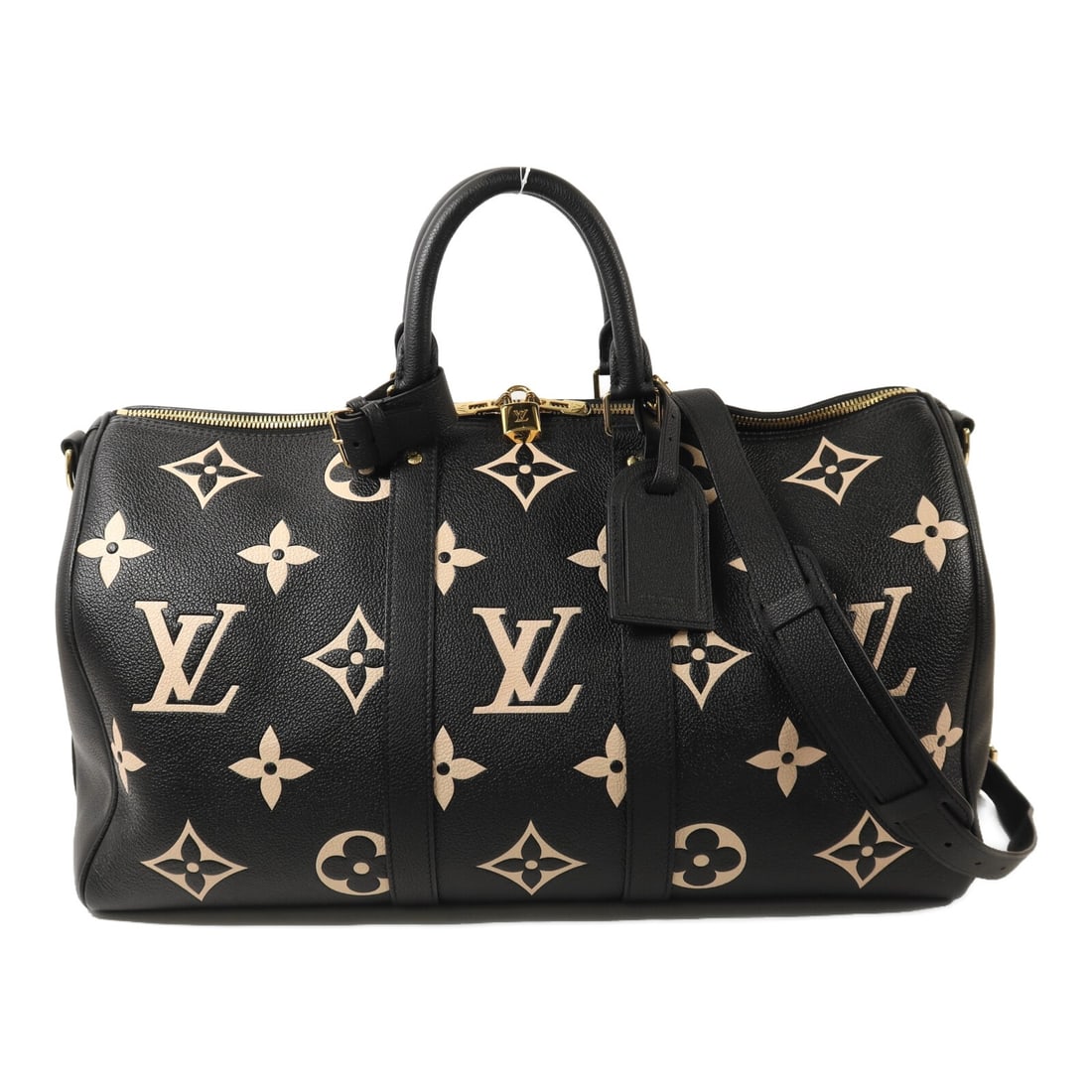 Louis Vuitton Keepall 45 Monogram Empreinte Black Beige Calfskin Shoulder Bag: Louis Vuitton Keepall 45 Monogram Empreinte Black Beige Calfskin Shoulder Bag This Louis Vuitton Keepall 45 is a versatile 2-way shoulder bag crafted from calfskin leather in black with beige accents.