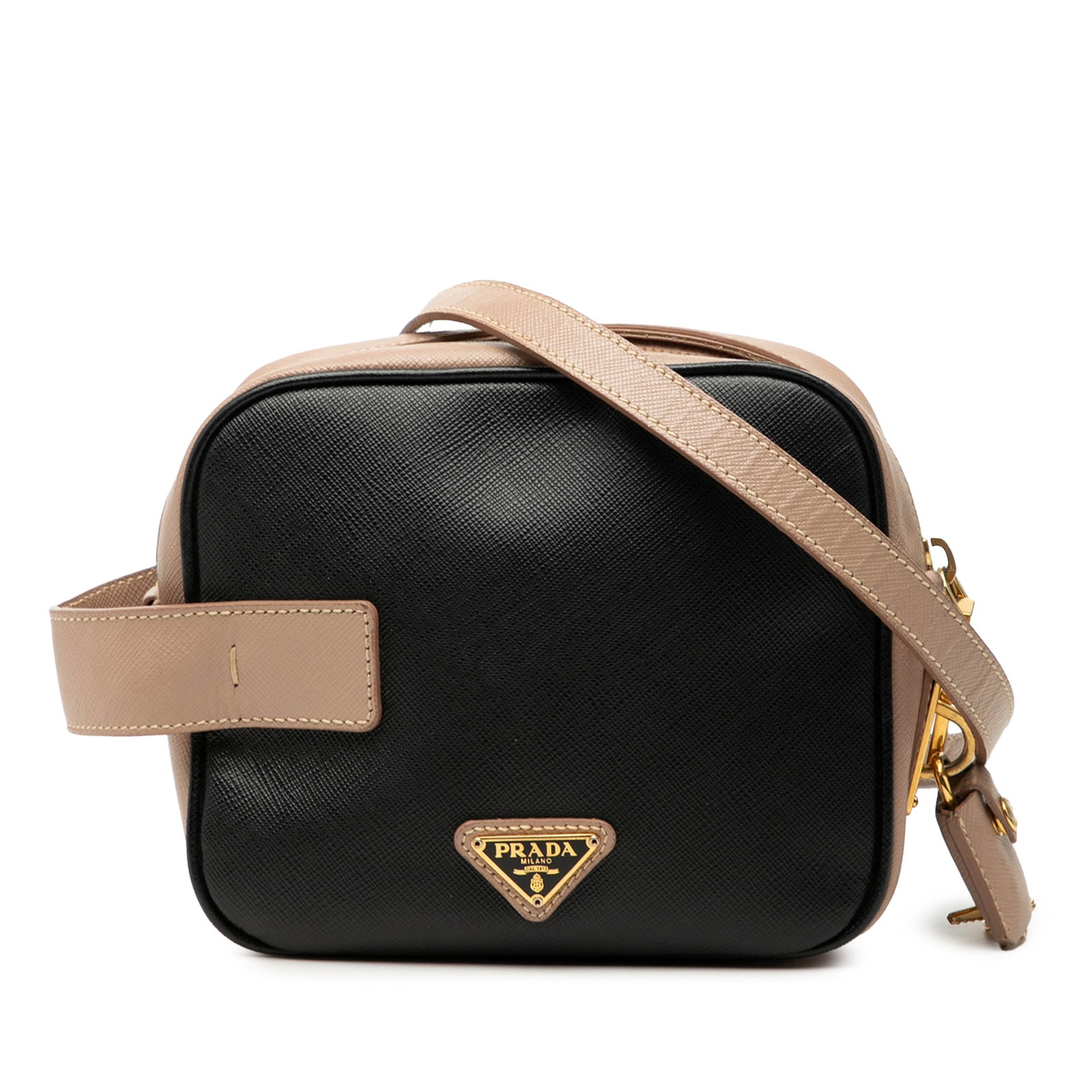 Prada Saffiano Leather Mini Satchel in Two Tone Black: Prada Saffiano Leather Mini Satchel in Two Tone Black This Prada Mini Bicolor Saffiano Lux Satchel showcases a structured silhouette crafted from durable saffiano leather. The satchel features a flat 