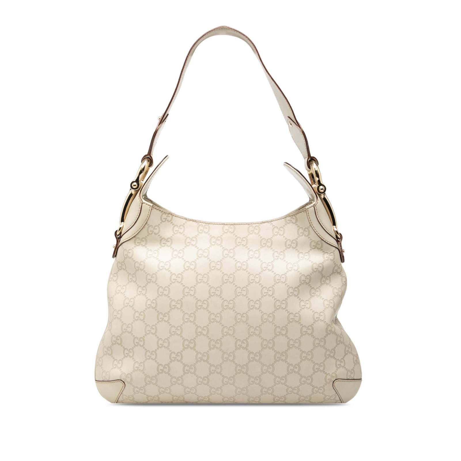 Gucci Guccissima Creole Hobo White Embossed Leather Shoulder Bag: Gucci Guccissima Creole Hobo White Embossed Leather Shoulder Bag This Guccissima Horsebit Creole Hobo features an embossed leather exterior in white, complemented by a flat leather shoulder strap and 