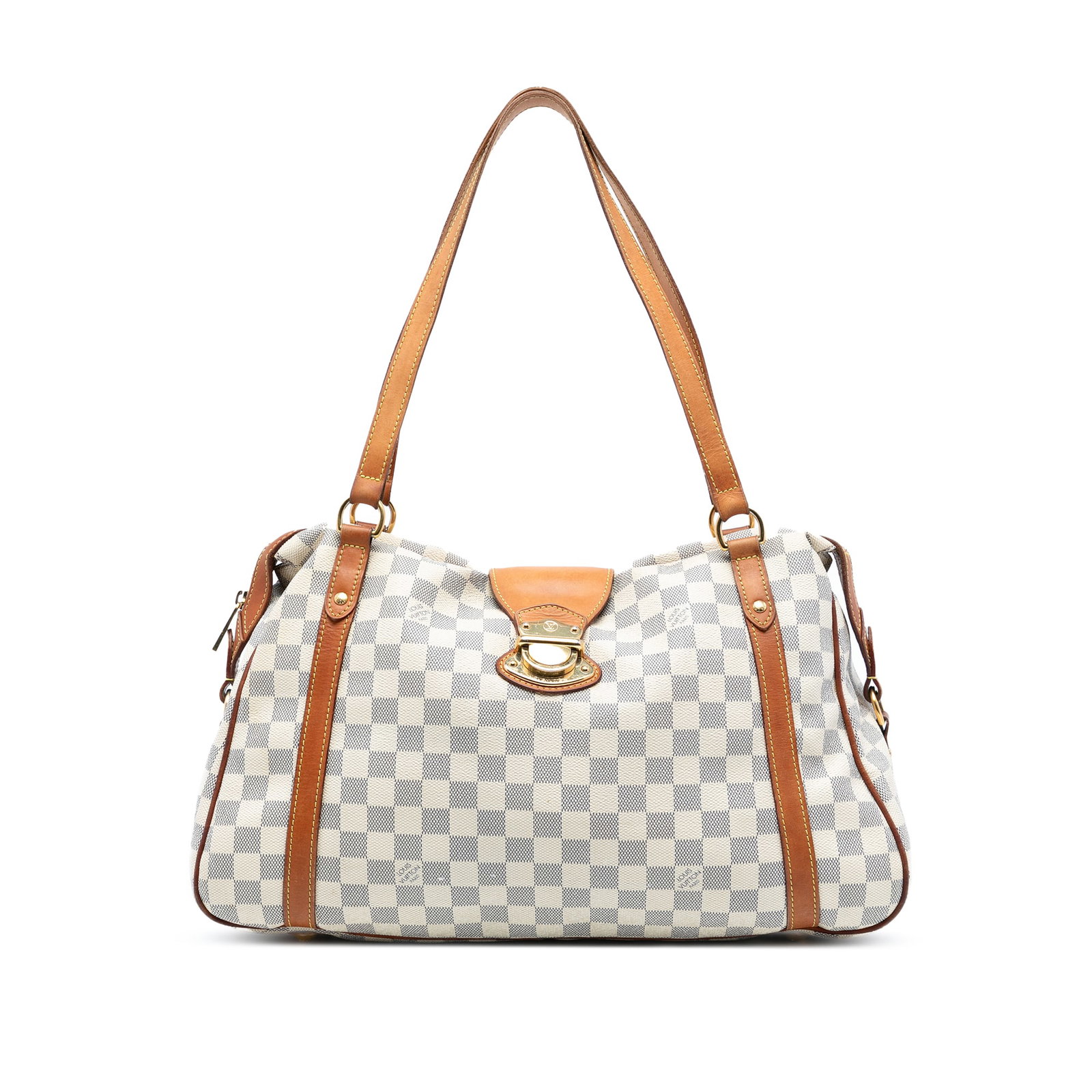 Louis Vuitton Stresa GM Shoulder Bag in Damier Azur Canvas with Leather Trim: Louis Vuitton Stresa GM Shoulder Bag in Damier Azur Canvas with Leather Trim This Louis Vuitton Damier Azur Stresa GM features a signature damier azur canvas body with vachetta leather trim and flat v