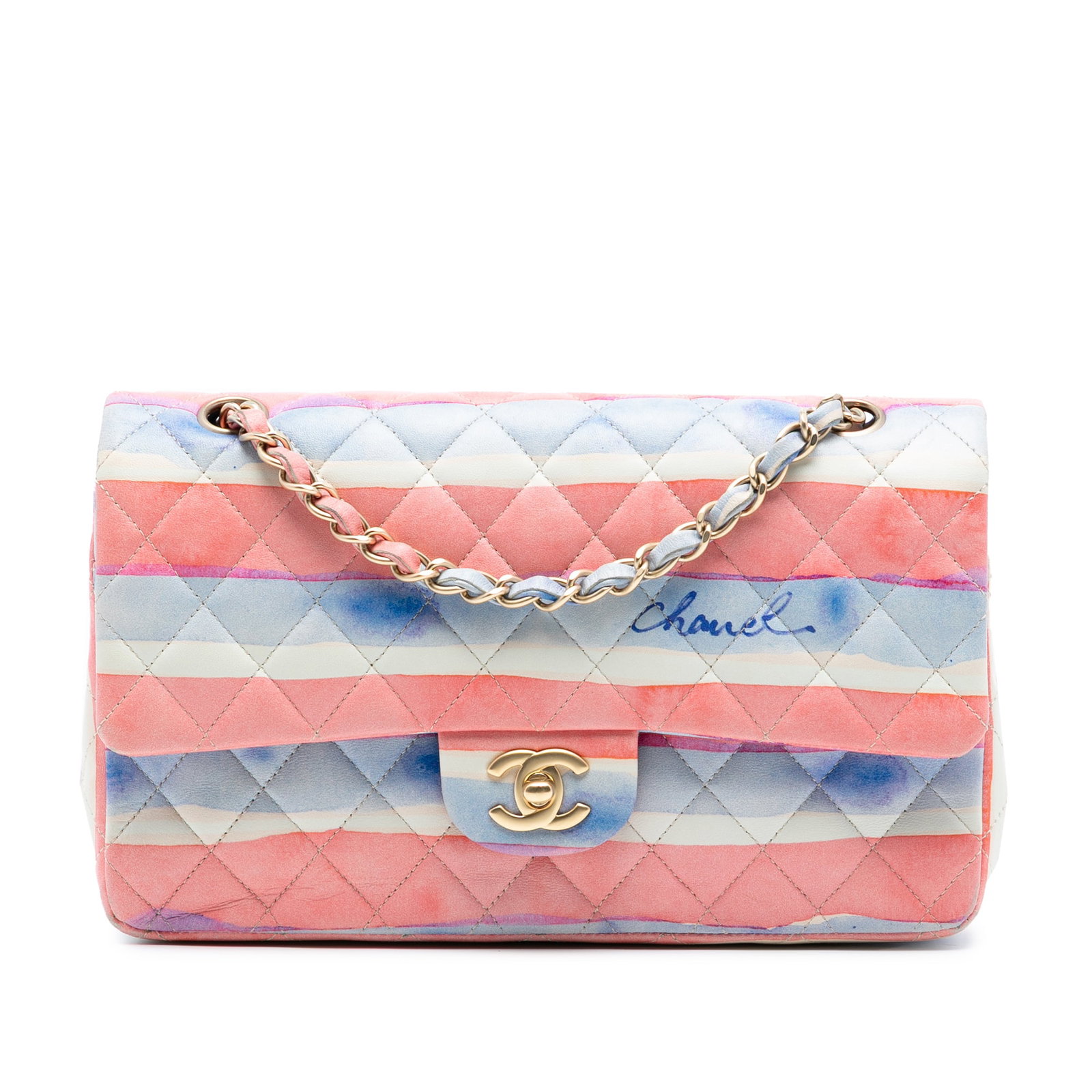 Chanel Medium Watercolor Print Quilted Lambskin Double Flap Shoulder Bag: Chanel Medium Watercolor Print Quilted Lambskin Double Flap Shoulder Bag This Chanel Medium Classic Double Flap bag features a quilted and printed lambskin leather exterior in a watercolor pink design
