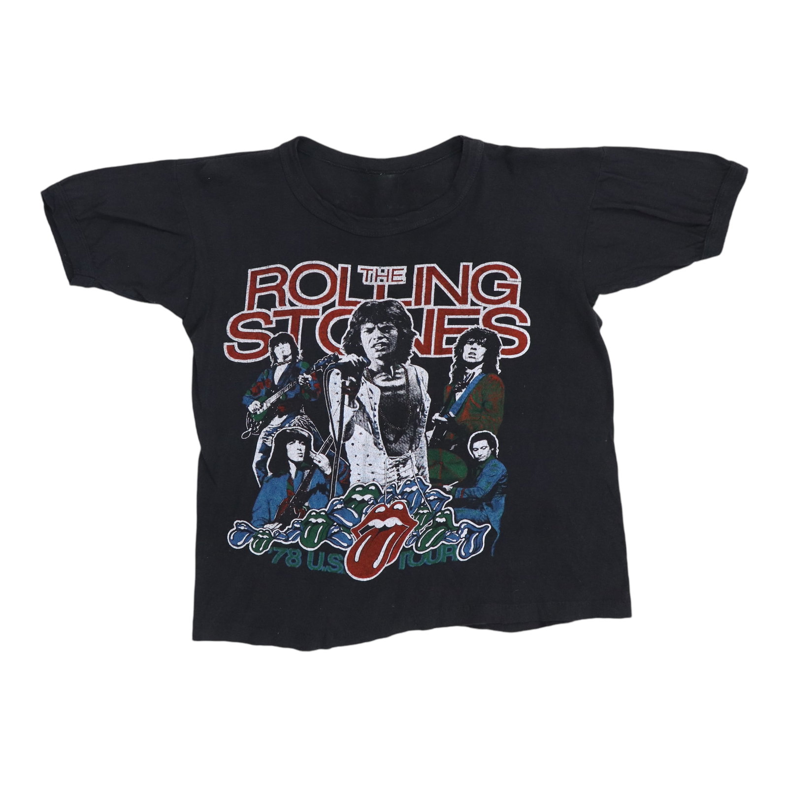 Vintage 1978 Rolling Stones Tour Graphic Black Cotton T Shirt: Vintage 1978 Rolling Stones Tour Graphic Black Cotton T Shirt This is an original vintage 1978 Rolling Stones World Tour shirt featuring both front and back graphics. Made from 100% cotton, the shirt 