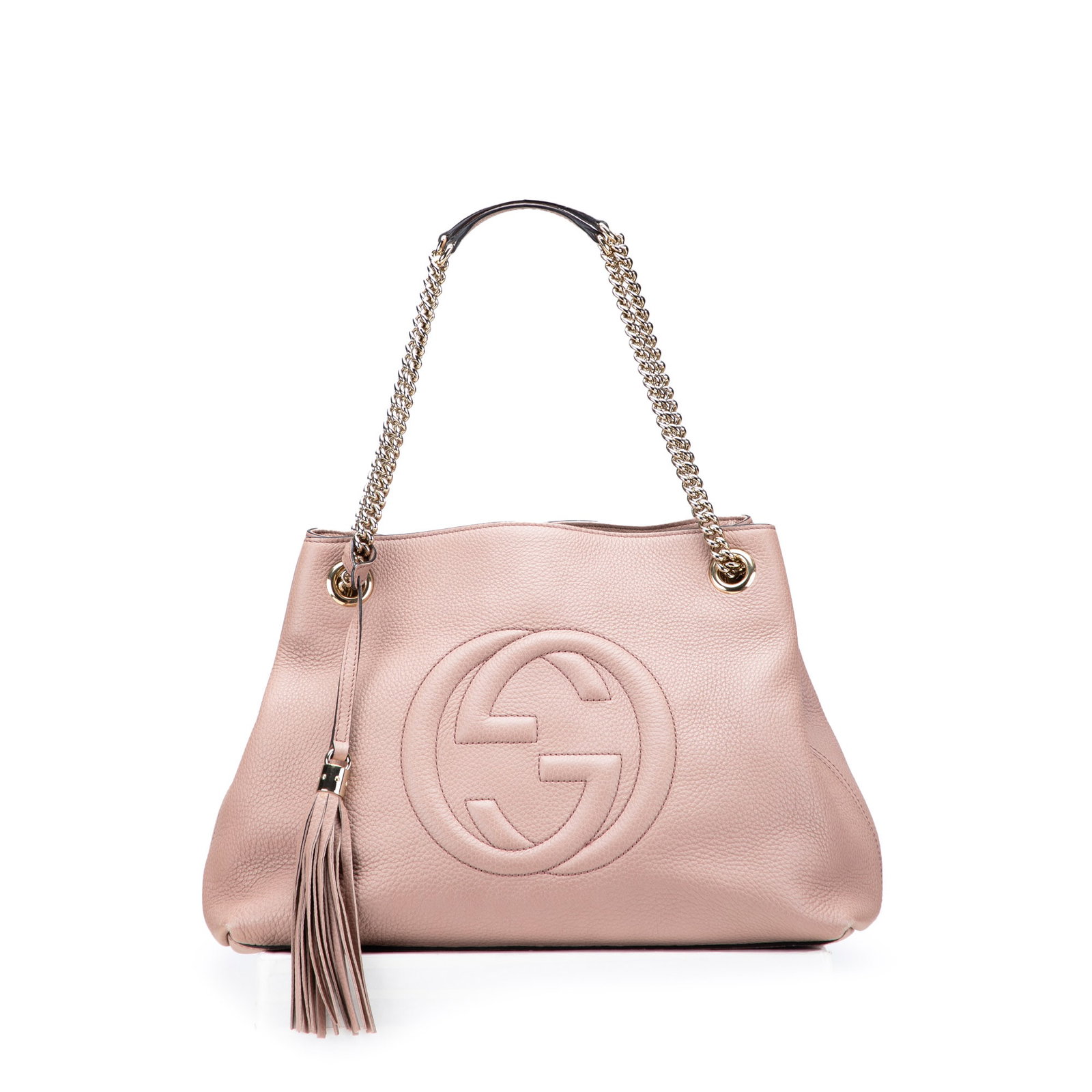 Pink Leather Medium Soho Chain Tote by Gucci with Tassel Accent: Pink Leather Medium Soho Chain Tote by Gucci with Tassel Accent The Gucci Medium Leather Soho Chain Tote is an elegant accessory crafted from high-quality leather. It features stylish chain link strap