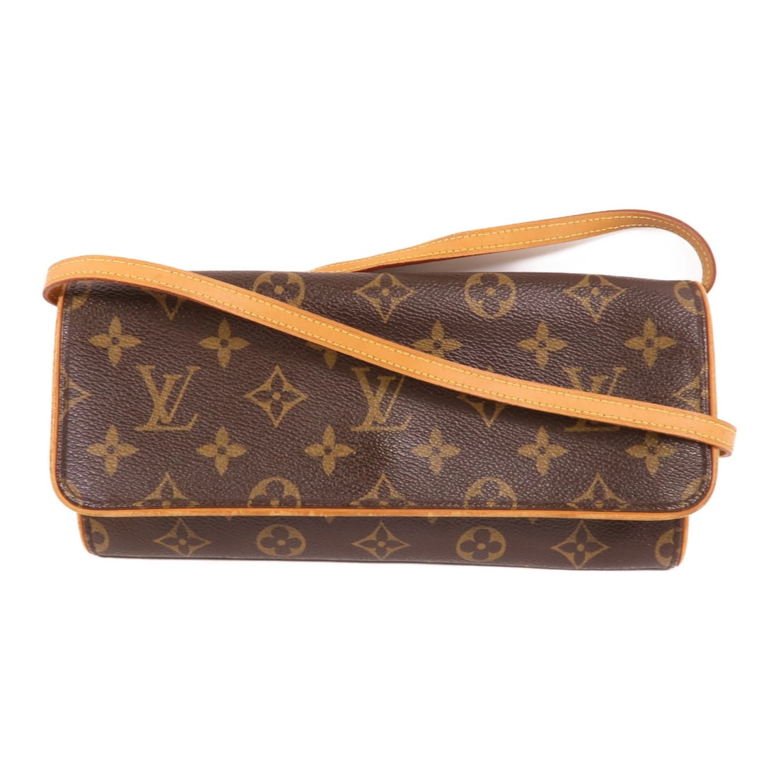 Louis Vuitton Monogram Brown Pochette Twin GM Shoulder Bag GHW M51852: Louis Vuitton Monogram Brown Pochette Twin GM Shoulder Bag GHW M51852 This Louis Vuitton Pochette Twin GM shoulder bag features the iconic monogram pattern on durable PVC coated canvas in brown. Desig