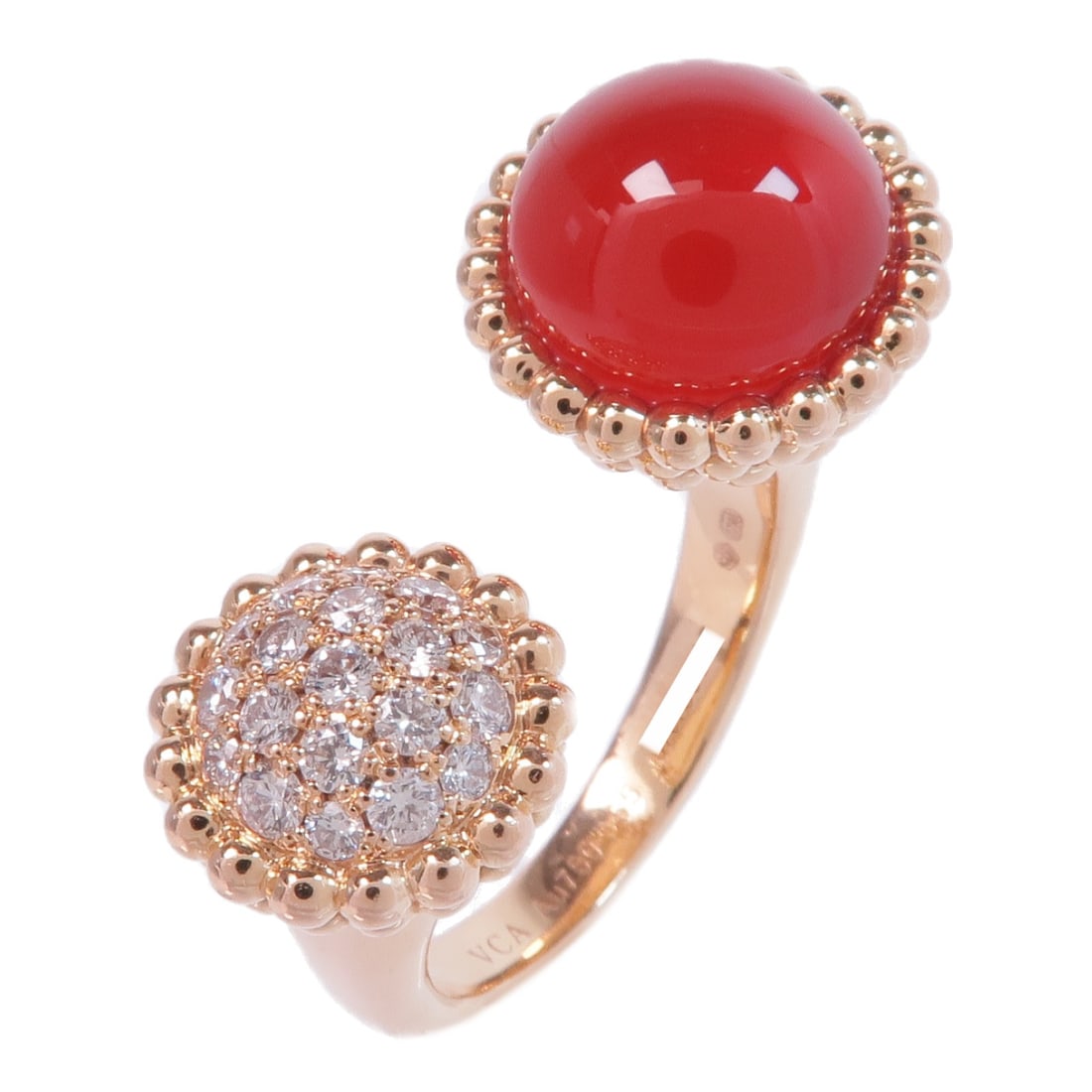 Van Cleef & Arpels Perlee Couleurs Carnelian Diamond Ring K18PG Size 7: Van Cleef & Arpels Perlee Couleurs Carnelian Diamond Ring K18PG Size 7 This exquisite Van Cleef & Arpels Perlee Couleurs Carnelian Diamond Ring is crafted from luxurious 18K rose gold (K18PG) and feat