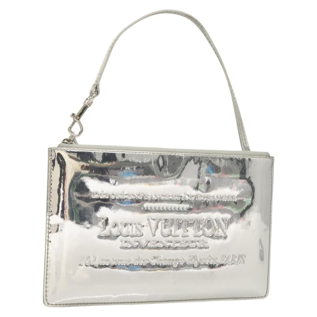 Louis Vuitton Pochette Plate Silver Monogram Miroir Patent Leather Bag: Louis Vuitton Pochette Plate Silver Monogram Miroir Patent Leather Bag This Louis Vuitton Pochette Plate Monogram Miroir is crafted from silver patent leather and designed for women. The bag features 