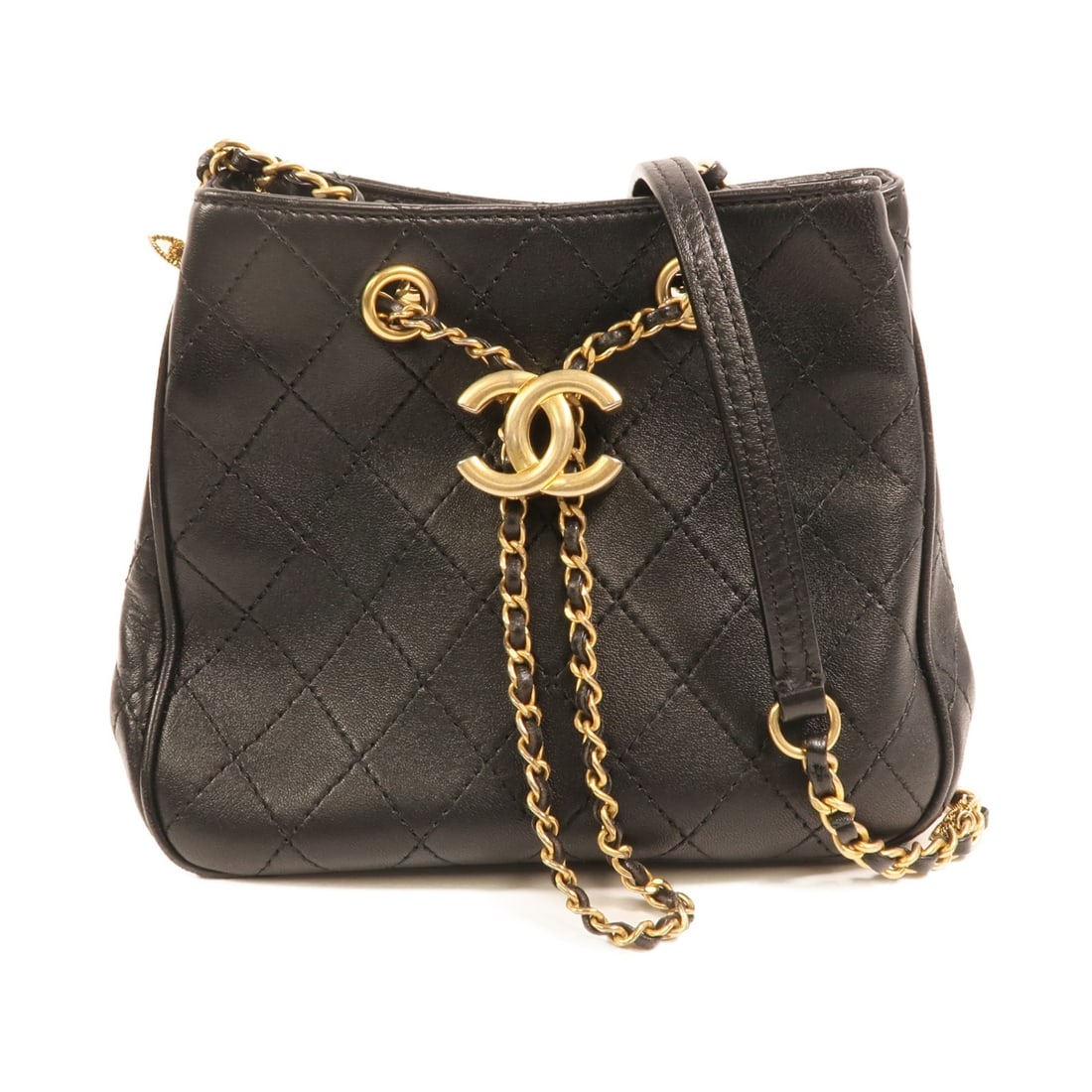 Chanel Black Calfskin Bucket Shoulder Bag with Gold Chain AS0829: Chanel Black Calfskin Bucket Shoulder Bag with Gold Chain AS0829 This CHANEL CC drawstring bucket chain shoulder bag features black calfskin leather and gold-tone hardware. Designed for women, the bag