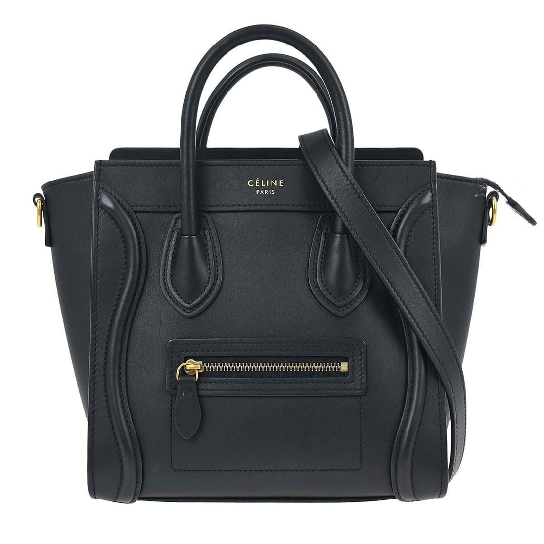 Celine Nano Luggage Tote Black Leather Mini Top Handle Bag: Celine Nano Luggage Tote Black Leather Mini Top Handle Bag This Celine Nano Luggage Tote Bag features a sleek black leather exterior with double handles and a secure zipper closure. Designed for casua
