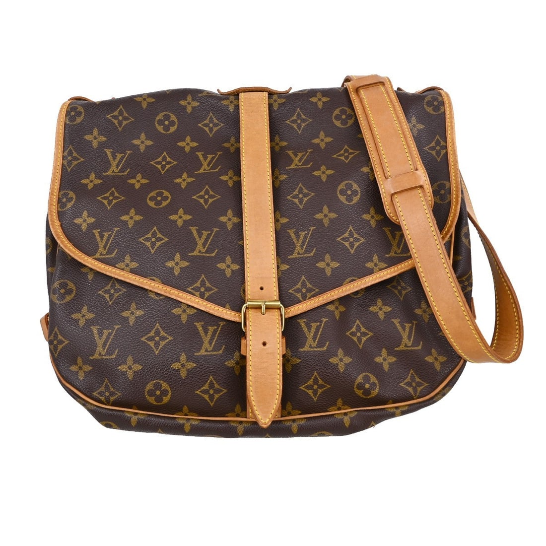 Louis Vuitton Saumur 35 Monogram Canvas Shoulder Bag M42254 Brown: Louis Vuitton Saumur 35 Monogram Canvas Shoulder Bag M42254 Brown This Louis Vuitton Saumur 35 shoulder bag features the iconic Monogram canvas with leather trim. Designed with a crossbody leather str