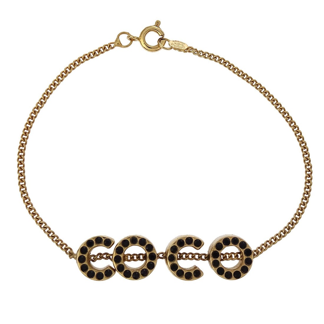 Chanel COCO Gold-Plated Chain Bracelet with Rhinestones 01A: Chanel COCO Gold-Plated Chain Bracelet with Rhinestones 01A Elevate your accessory collection with the Chanel COCO Chain Bracelet. This stunning piece features a classic chain design in an elegant gol
