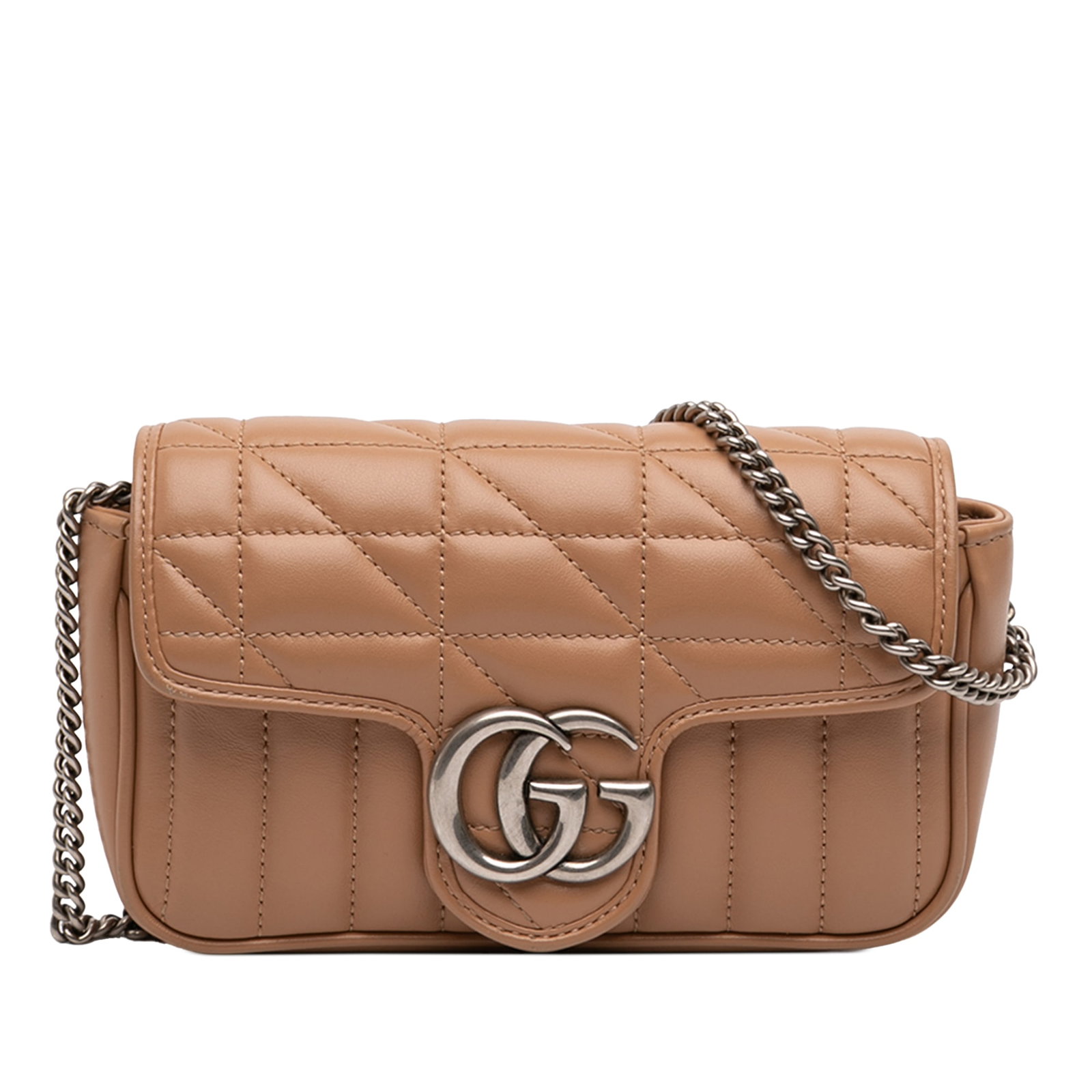 Beige Leather Mini Crossbody Bag by Gucci GG Marmont Collection: Beige Leather Mini Crossbody Bag by Gucci GG Marmont Collection This Gucci Mini GG Marmont Matelasse Leather Flap Crossbody bag features a quilted leather exterior in beige, a chain link shoulder stra