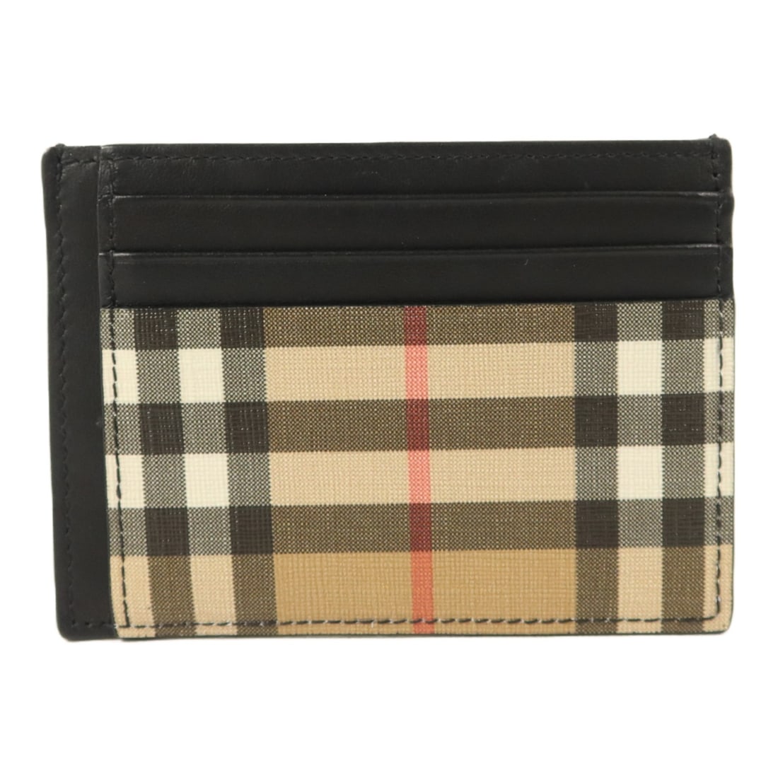 Burberry black calfskin money clip card case: Burberry black calfskin money clip card case This Burberry card case features a sleek design crafted from calfskin leather and coated canvas in a black and beige color combination. Designed for men, i
