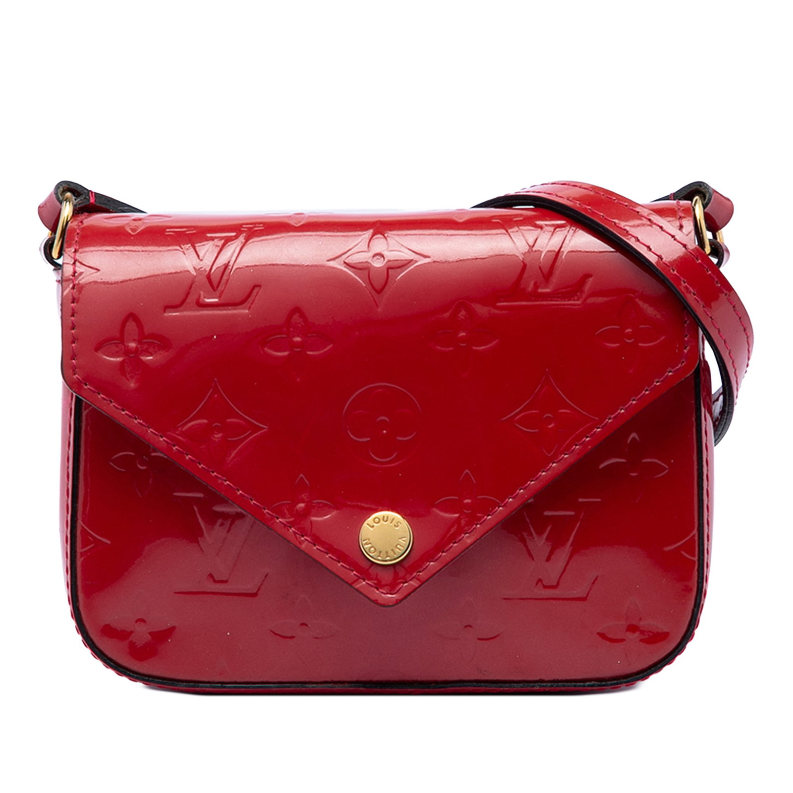 Louis Vuitton Red Vernis Leather Mini Sac Lucie Shoulder Bag: Louis Vuitton Red Vernis Leather Mini Sac Lucie Shoulder Bag The Louis Vuitton Monogram Vernis Mini Sac Lucie features a red monogram vernis leather body, a flat leather strap, a top flap with snap bu