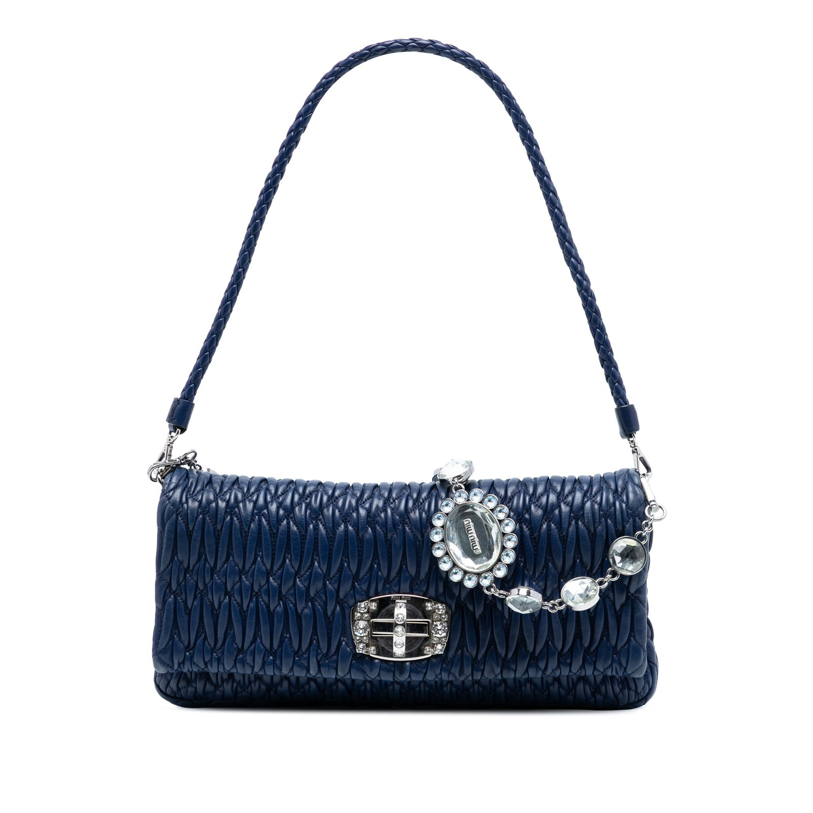 Blue Leather Satchel with Crystal Chain by Miu Miu Matelasse: Blue Leather Satchel with Crystal Chain by Miu Miu Matelasse This blue satchel features a matelasse nappa leather body with silver-tone hardware. It includes a detachable chain link shoulder strap ado
