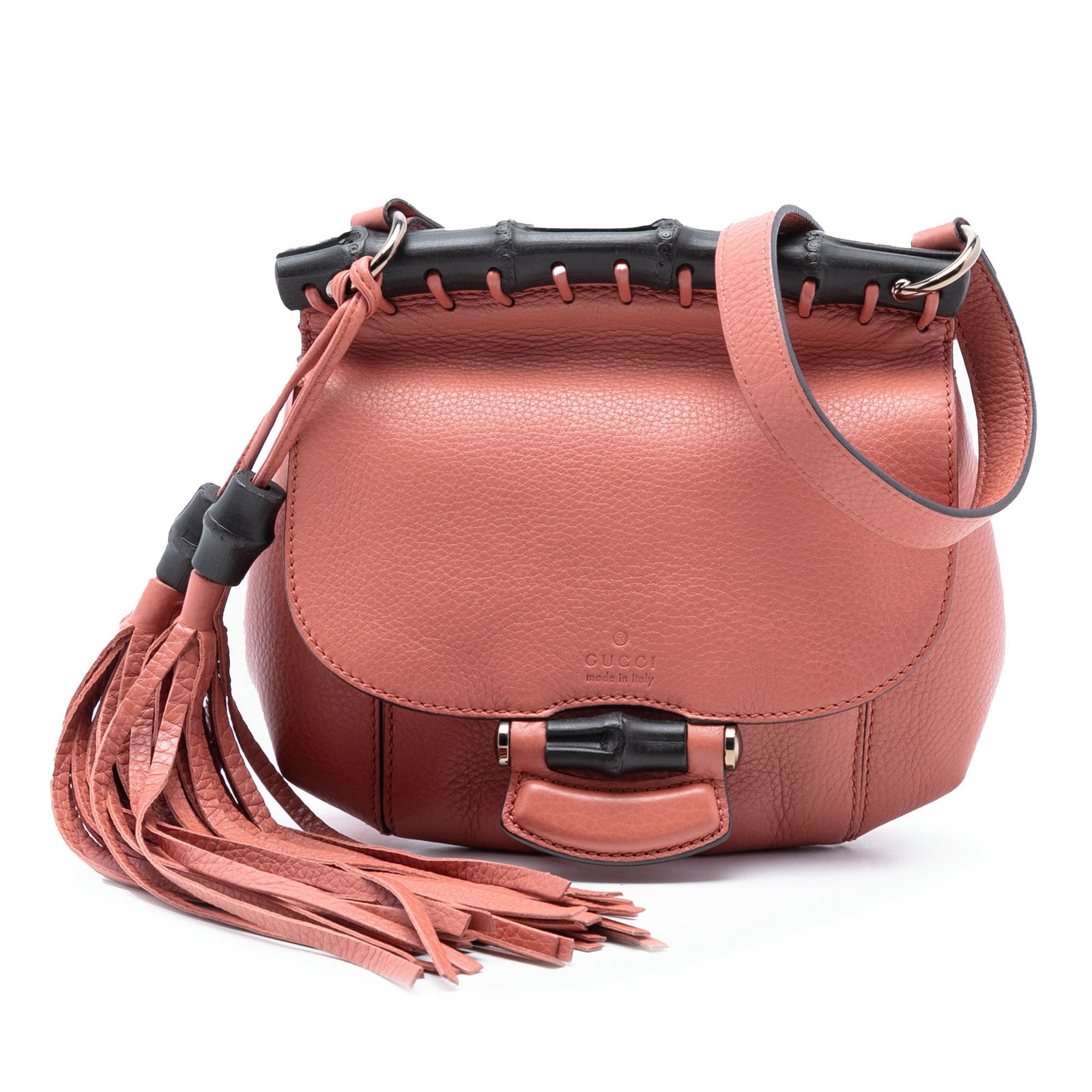 Gucci Bamboo Nouveau Fringe Pink Leather Small Crossbody Bag: Gucci Bamboo Nouveau Fringe Pink Leather Small Crossbody Bag This Gucci Small Leather Bamboo Nouveau Fringe Crossbody features a pink leather body with fringe detailing, an adjustable flat leather str