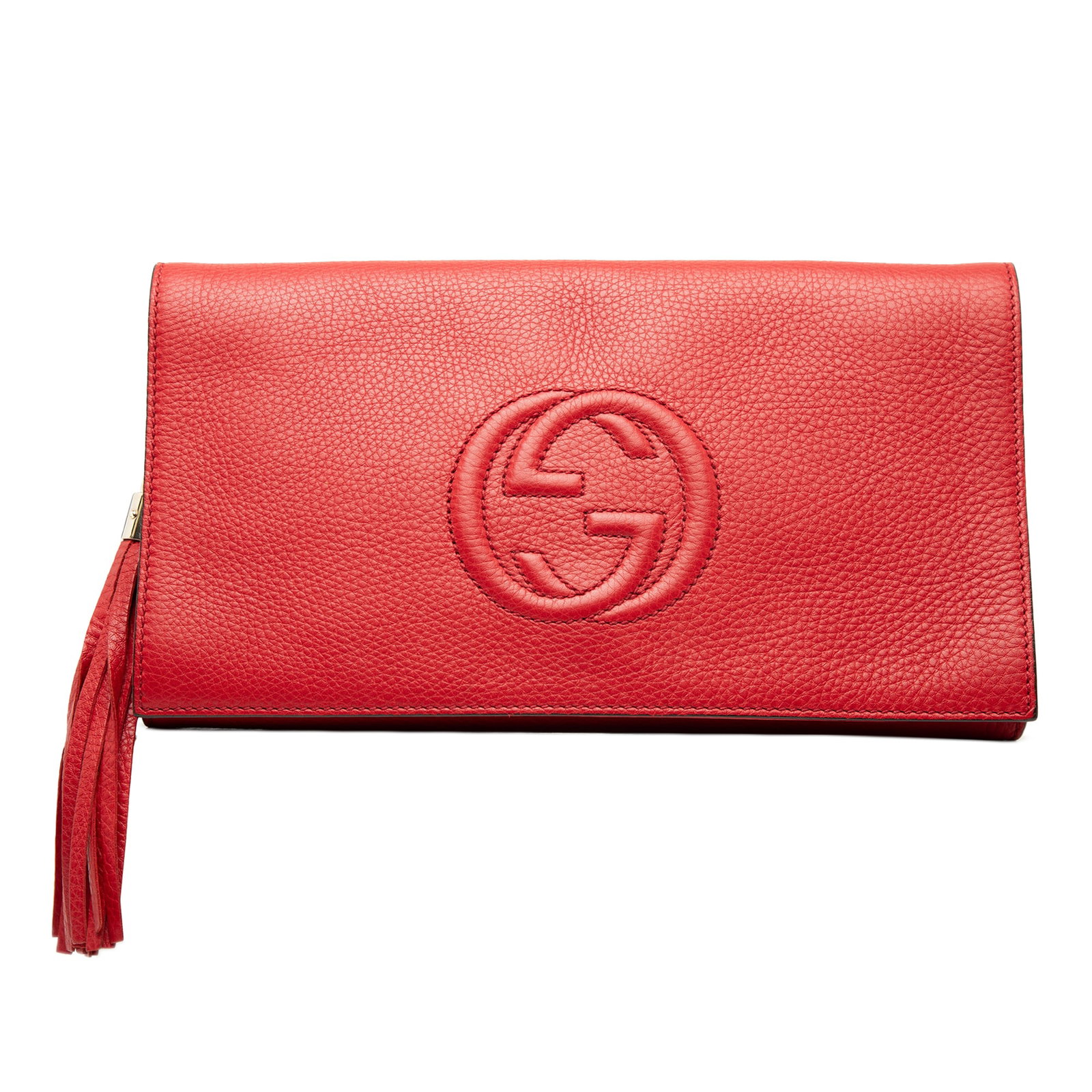 Red Leather Soho Disco Bag with Tassel by Gucci: Red Leather Soho Disco Bag with Tassel by Gucci This Gucci Leather Soho Disco Clutch features a red leather body with a signature tassel detail and a front flap secured by a magnetic snap closure. The
