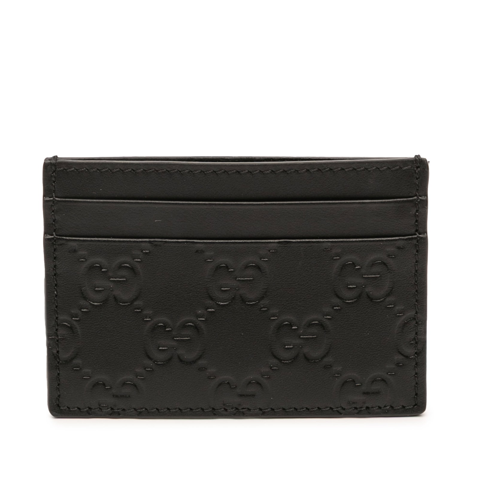 Gucci Guccissima Black Leather Embossed Card Case with Slip Pockets: Gucci Guccissima Black Leather Embossed Card Case with Slip Pockets This Guccissima card holder features an embossed leather body with slip pockets, offering a sleek and functional accessory for organ