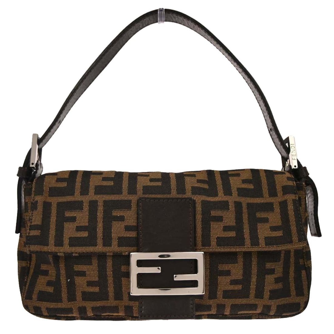 Fendi Zucca Canvas Shoulder Bag with Adjustable Strap Brown: Fendi Zucca Canvas Shoulder Bag with Adjustable Strap Brown This Fendi Baguette handbag features the iconic brown Zucca canvas exterior with silver-tone hardware. Designed with an adjustable shoulder 