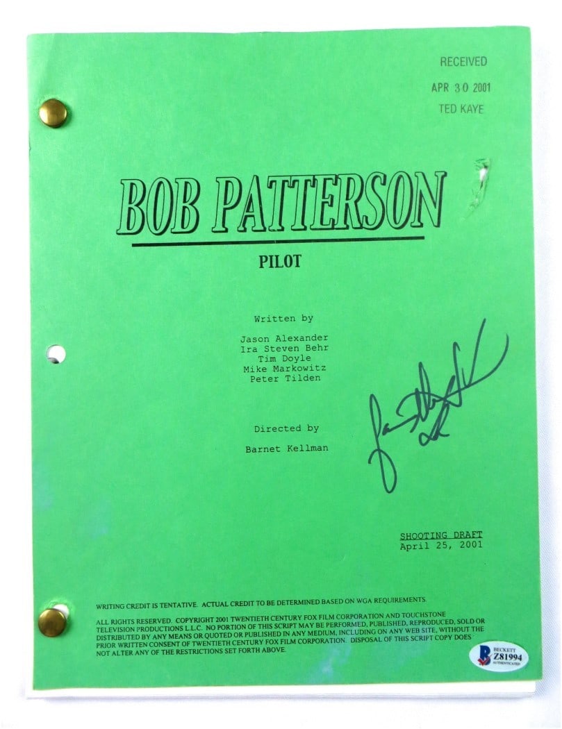 Jason Alexander Signed Bob Patterson Pilot Script Beckett Authenticated: Jason Alexander Signed Bob Patterson Pilot Script Beckett Authenticated Own a piece of television history with this original signed script from Jason Alexander's pilot, Bob Patterson. This item featur