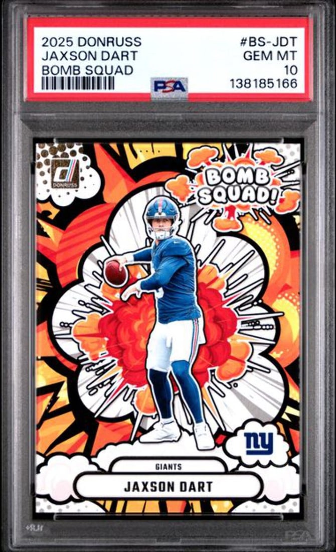 PSA 10 Jaxson Dart 2025 Donruss Bomb Squad Rookie Football Card: PSA 10 Jaxson Dart 2025 Donruss Bomb Squad Rookie Football Card This is a 2025 Donruss Bomb Squad Rookie Card featuring Jaxson Dart of the New York Giants. The card is an original issue and has been p
