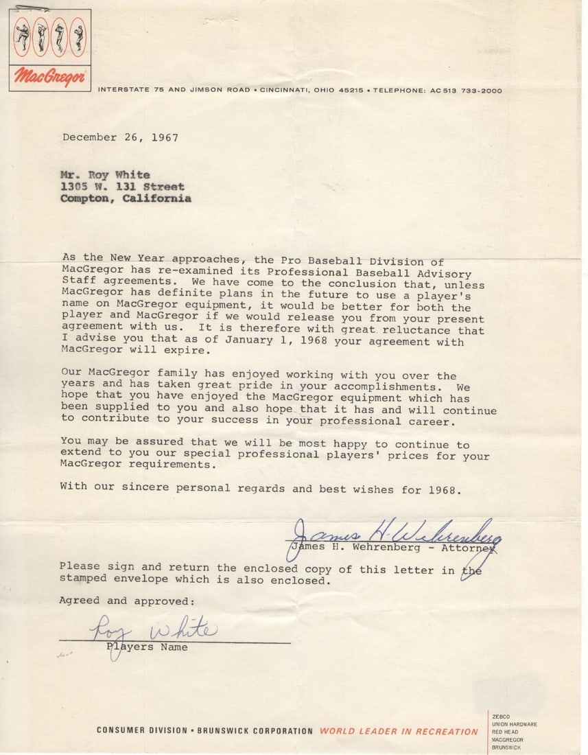 1967 New York Yankees contract signed by Roy White BAS authenticated: 1967 New York Yankees contract signed by Roy White BAS authenticated This is an original 1967 MacGregor contract signed by Roy White, a notable player for the New York Yankees. The autograph has been 