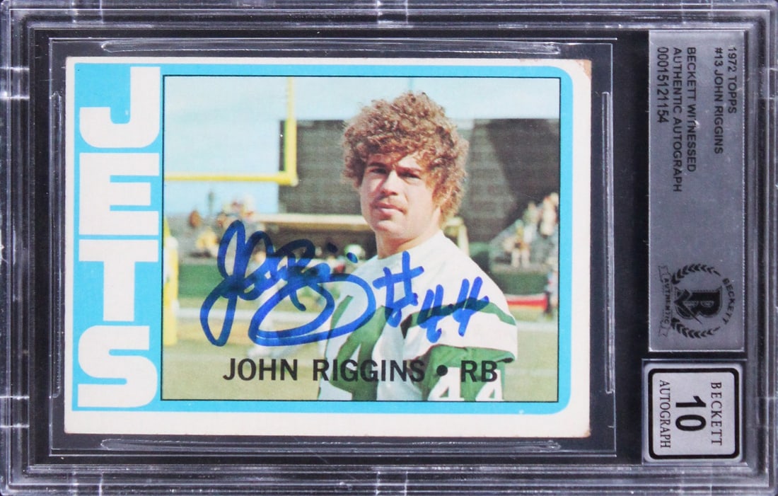 John Riggins Signed 1972 Topps #13 Card Gem Mint 10 Beckett Authenticated: John Riggins Signed 1972 Topps #13 Card Gem Mint 10 Beckett Authenticated This authentic 1972 Topps #13 card features the legendary John Riggins, personally signed and graded Gem Mint 10 by Beckett Au