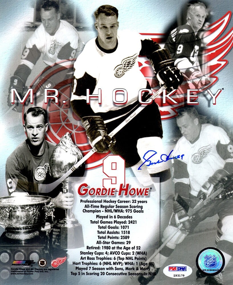 Gordie Howe Signed 8x10 Detroit Red Wings Career Collage Photo PSA COA: Gordie Howe Signed 8x10 Detroit Red Wings Career Collage Photo PSA COA Celebrate the legendary career of Gordie Howe with this signed 8x10 photo collage featuring multiple images from his time with th