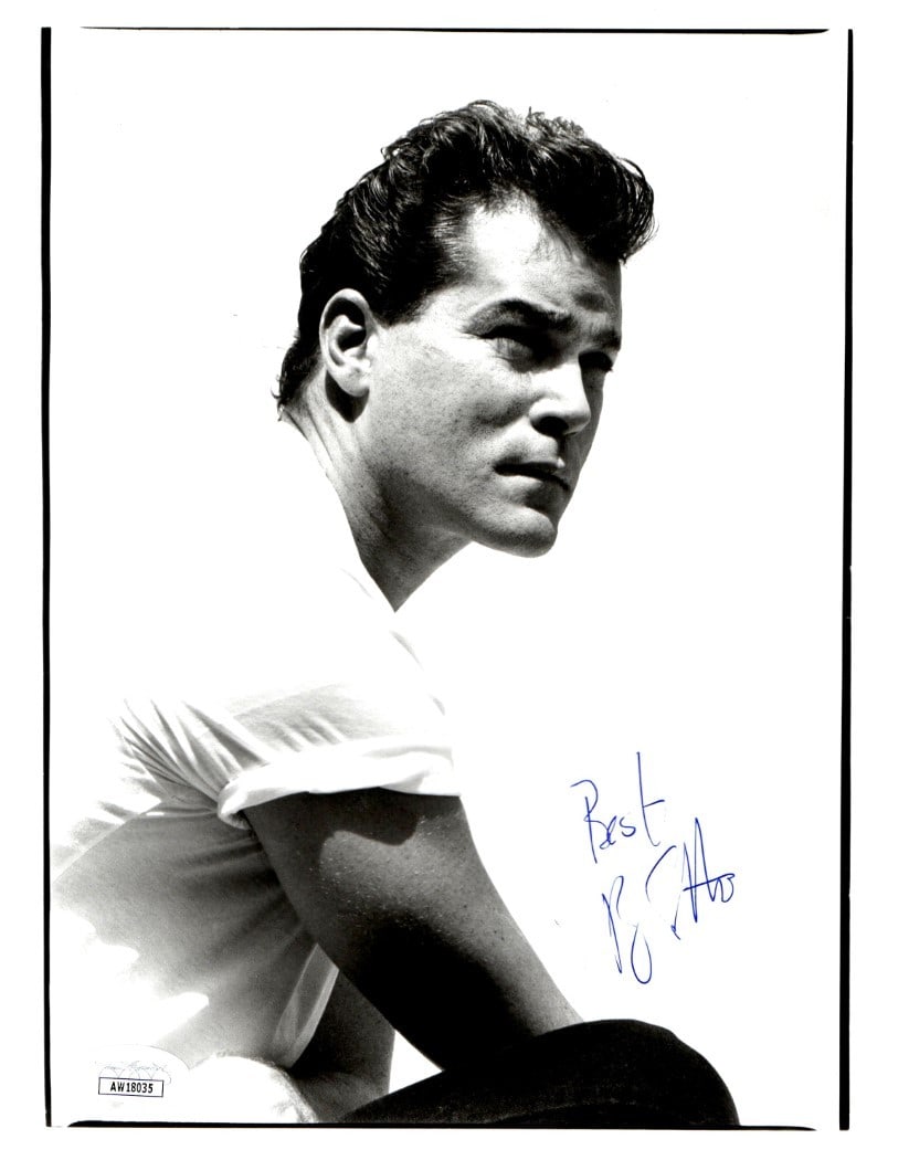 8x10 Ray Liotta Goodfellas Signed Photo JSA Authenticated Black and White: 8x10 Ray Liotta Goodfellas Signed Photo JSA Authenticated Black and White This is an original 8x10 black and white photograph autographed by Ray Liotta, featuring a pose from the film Goodfellas. The 