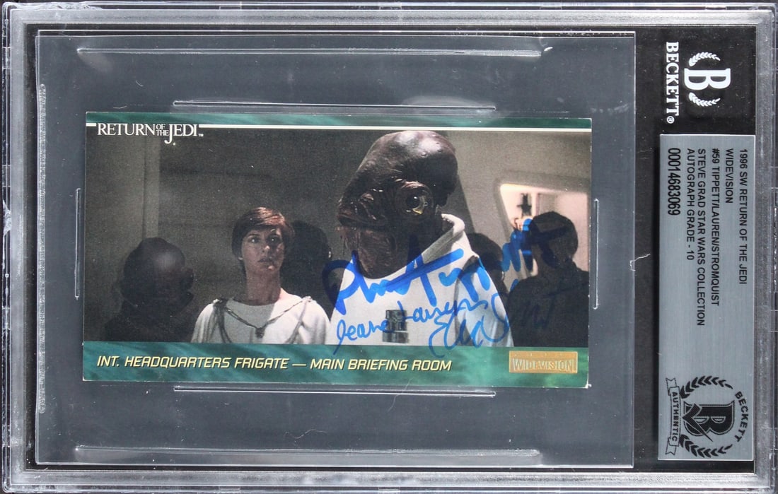 Star Wars ROTJ Widevision #59 Card Triple Signed BAS Gem Mint 10 Auto: Star Wars ROTJ Widevision #59 Card Triple Signed BAS Gem Mint 10 Auto This is an autographed 1995 Star Wars Return of the Jedi Widevision #59 trading card, personally signed by Phil Tippett, Jeanne La