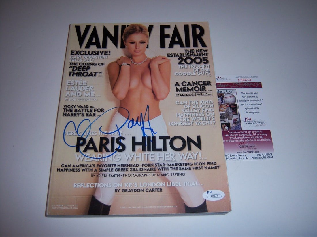 Vanity Fair Magazine Autographed by Paris Hilton With JSA COA: Vanity Fair Magazine Autographed by Paris Hilton With JSA COA This is an original Vanity Fair magazine featuring Paris Hilton, autographed and authenticated by JSA/COA. The item originates from the Un