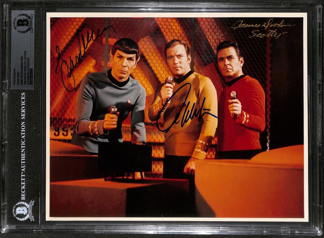 Star Trek 8x10 Photo Signed by Shatner Nimoy Doohan Beckett Authenticated: Star Trek 8x10 Photo Signed by Shatner Nimoy Doohan Beckett Authenticated This remarkable autographed 8x10 photograph features iconic actors from the original Star Trek TV series: William Shatner as C