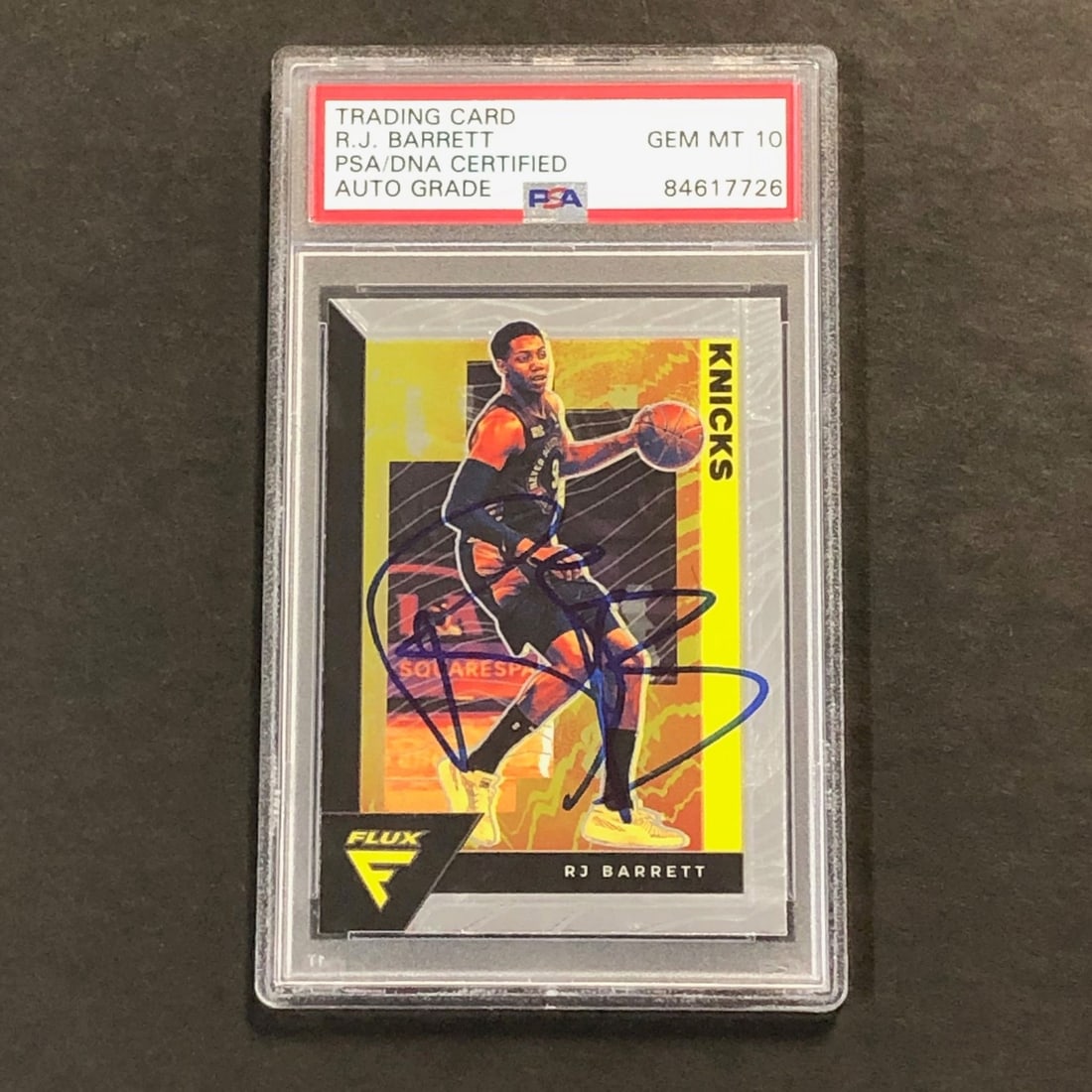 2020-21 Panini Flux RJ Barrett Signed Card AUTO 10 PSA Encapsulated Knicks: 2020-21 Panini Flux RJ Barrett Signed Card AUTO 10 PSA Encapsulated Knicks This is a 2020-21 Panini Flux #116 card featuring the autograph of basketball star RJ Barrett. The signature on this card has